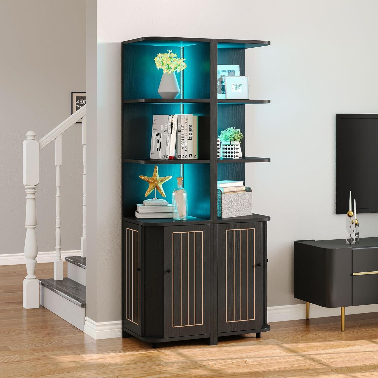 Black Adjustable Corner Cabinet with LED Lights and Storage