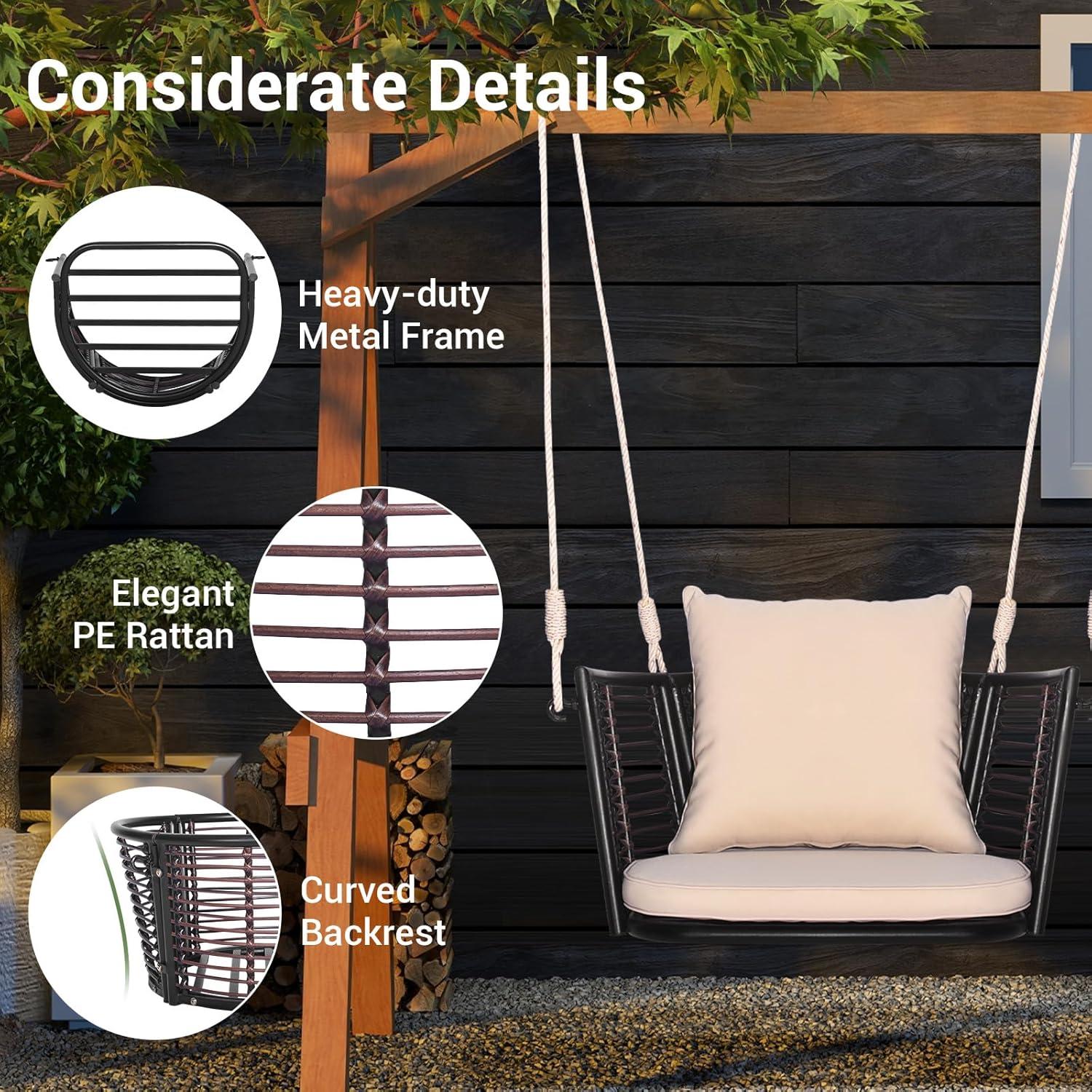 Gymax Outdoor Metal Porch Swing Single Person Hanging Seat w/ Woven Rattan Backrest Porch Backyard