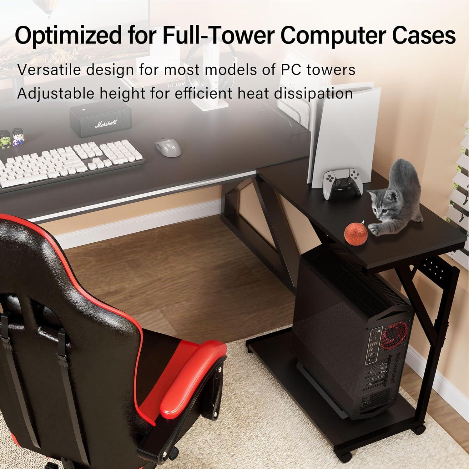 Computer Tower Cart - Height Adjustable PC Stand, 2-Tier ATX-Case CPU Holder Home Office Gaming Desk Accessories with Rolling Lockable Wheels, Laptop Table Standing Computer Desk, Rustic Black