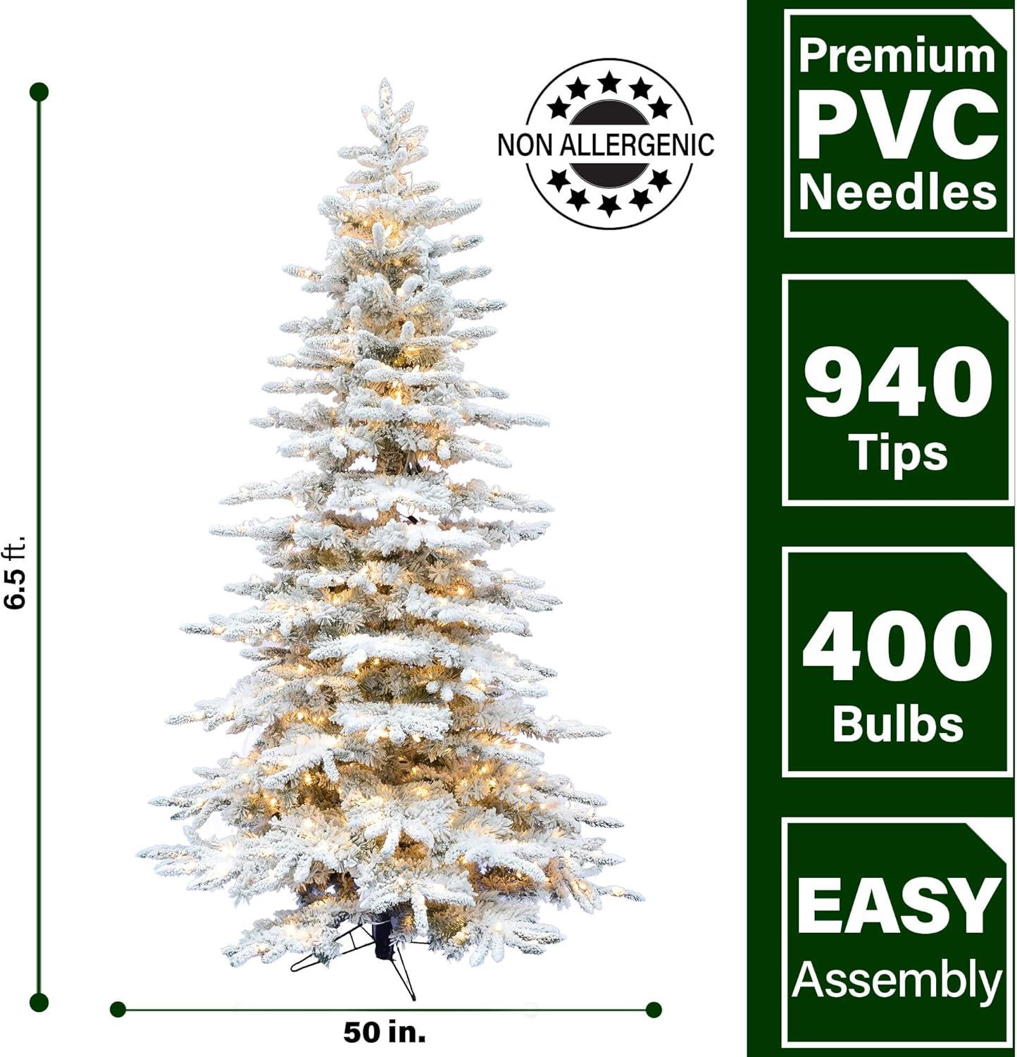 Fraser Hill Farm 6.5-ft Pre-Lit Mountain Pine Snow Flocked Christmas Tree with White Incandescent Smart Lights