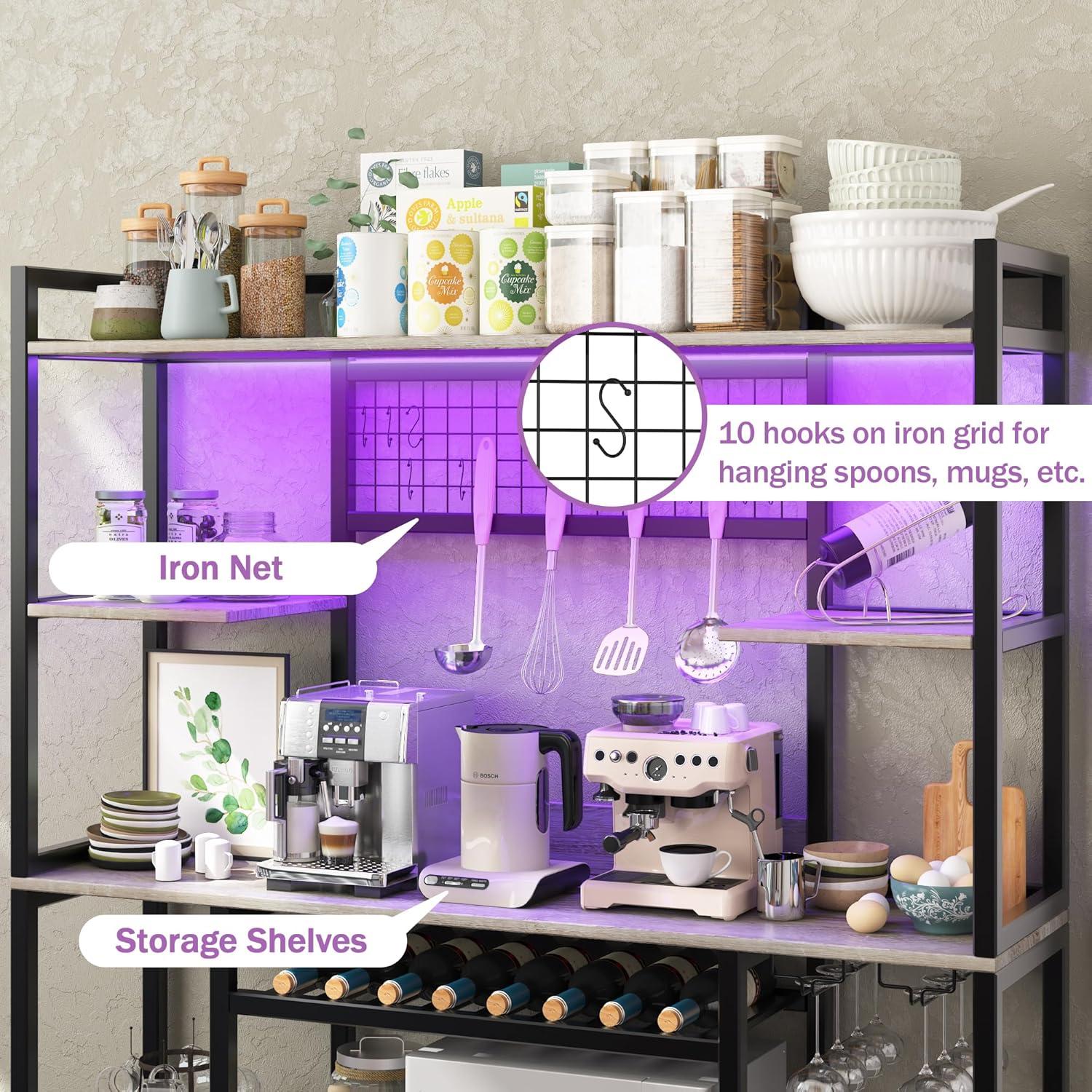 Ataucjin 55" 5-Tier Bakers Rack With Power Outlet And LED Light Kitchen Microwave Stand Farmhouse Coffee Bar Cabinet With Storage Shelf 10 Hooks Wire Basket Wine Rack For Spices Pots Pans