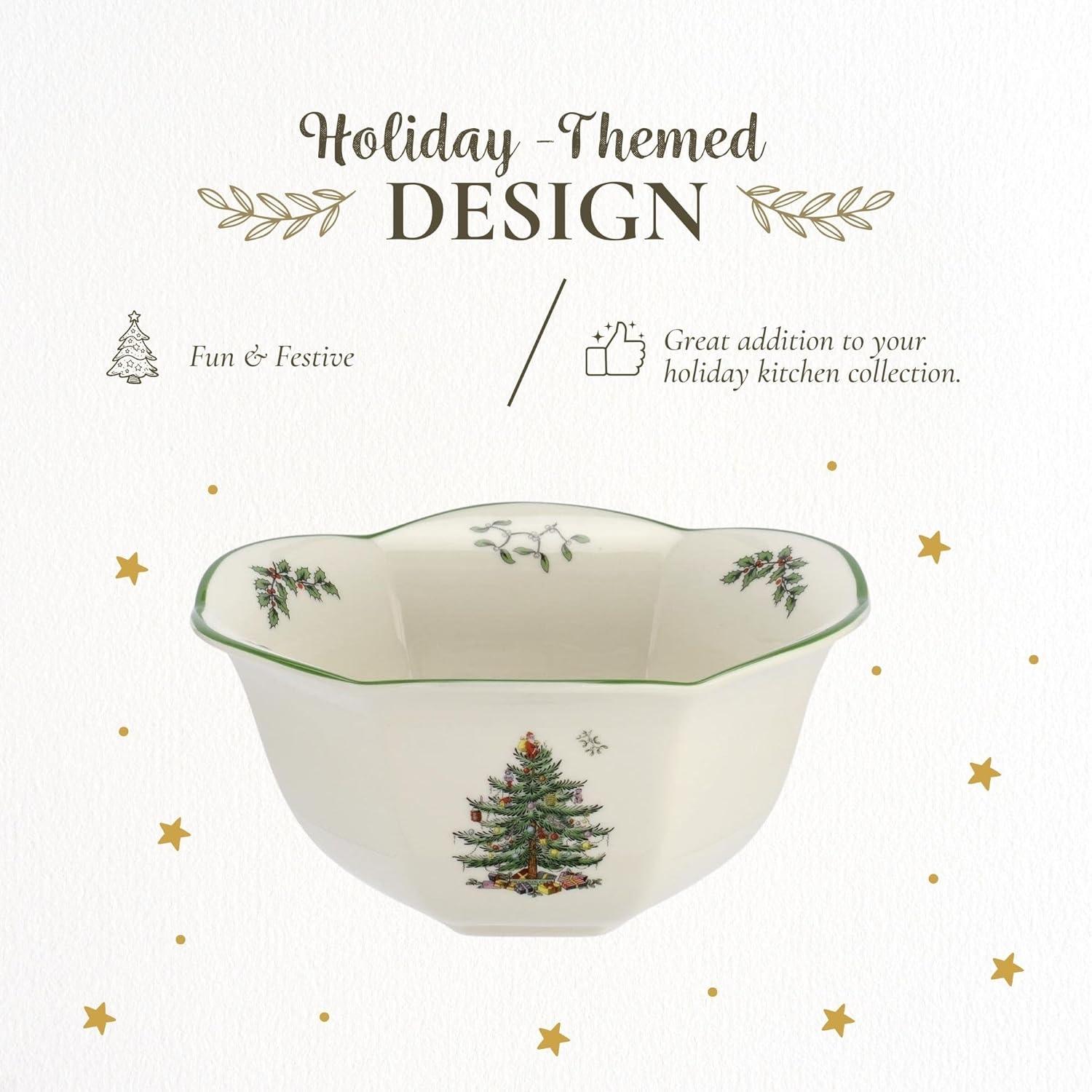 Spode Christmas Tree Hexagonal Nut Bowl, 7 Inch Decorative Bowl for Nuts, Candy and Christmas Treats