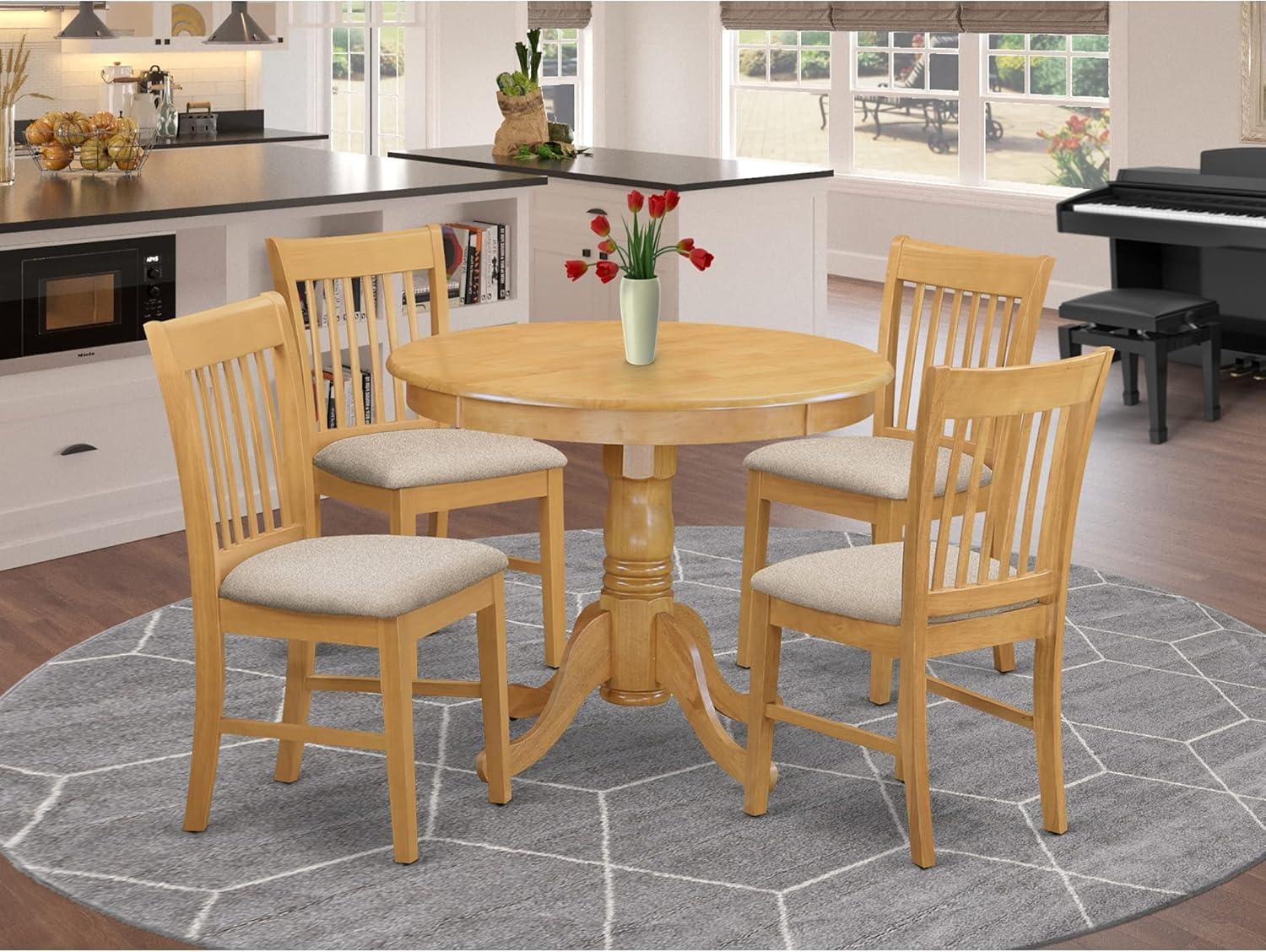 Natural Oak 5-Piece Round Dining Set with Lattice Back Chairs