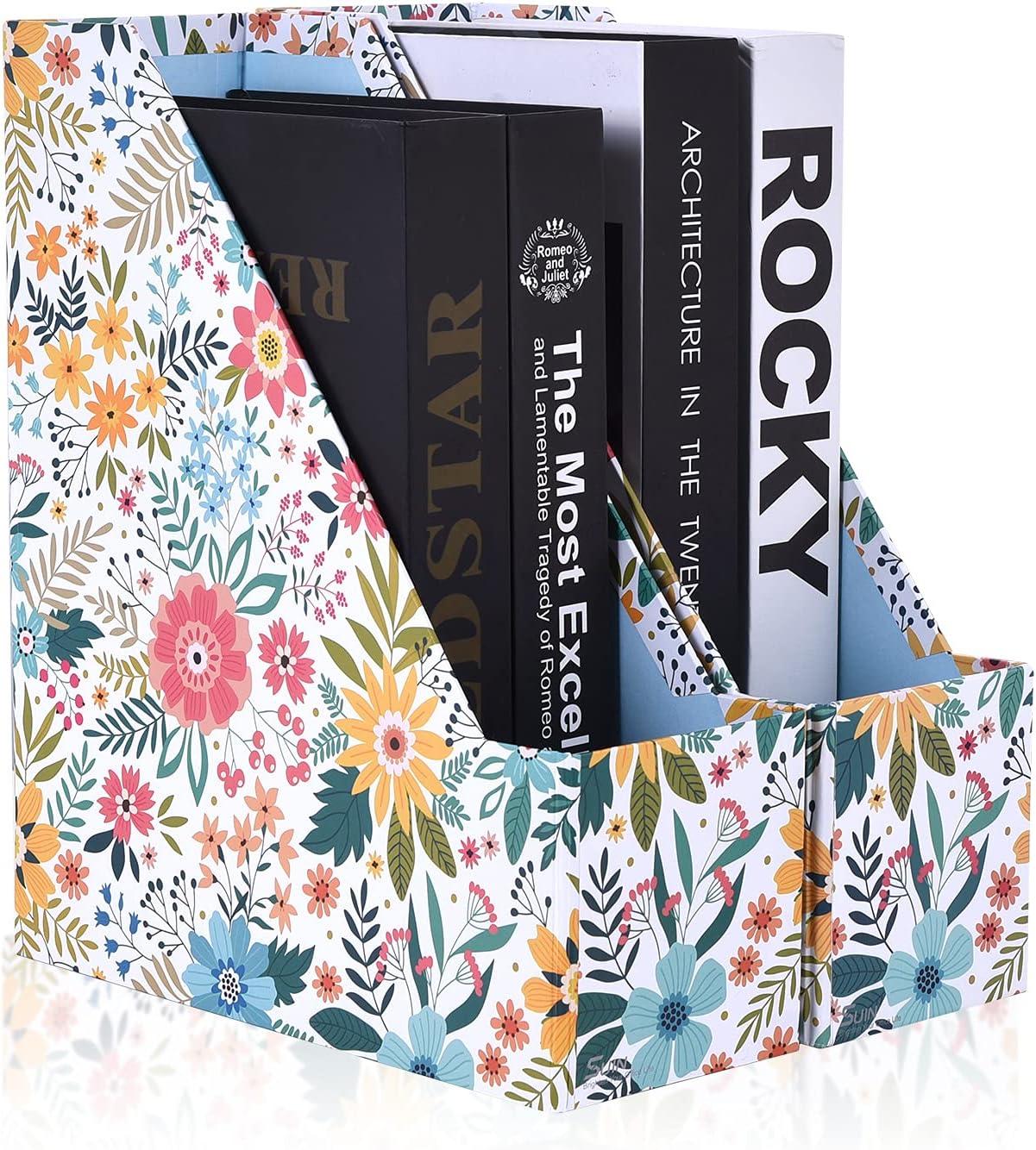 SUIN 2 Packs Foldable Magazine-File Holder, Seamless Floral Design File-Boxes Desk Organizer for Office/Home/School, Cardboard