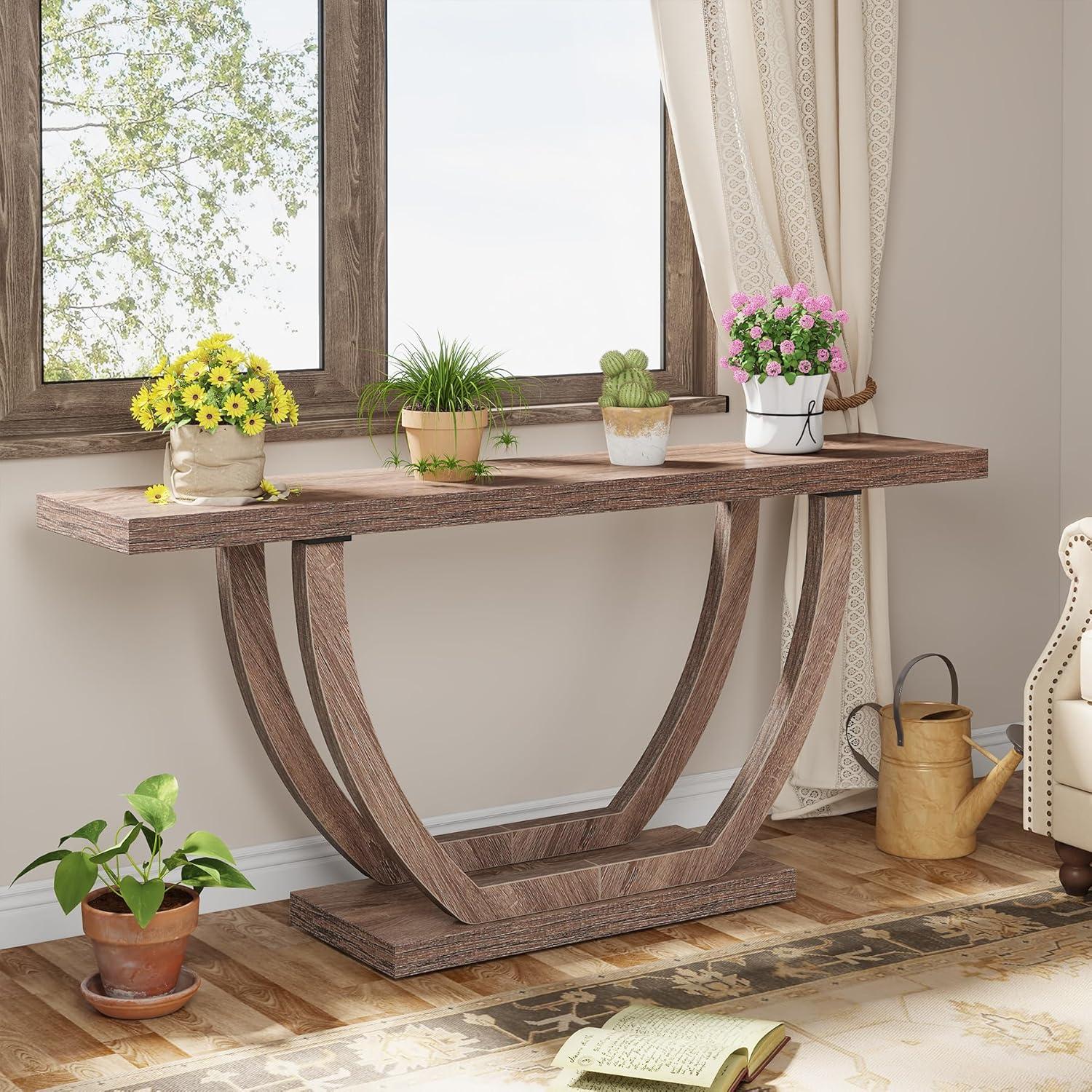 Tribesigns 63" Skinny Console Table with Geometric Base, Farmhouse Sofa Table Narrow Long, Thickened Behind Couch Table with Shelves for Living Room Foyer Corridor (Brown)