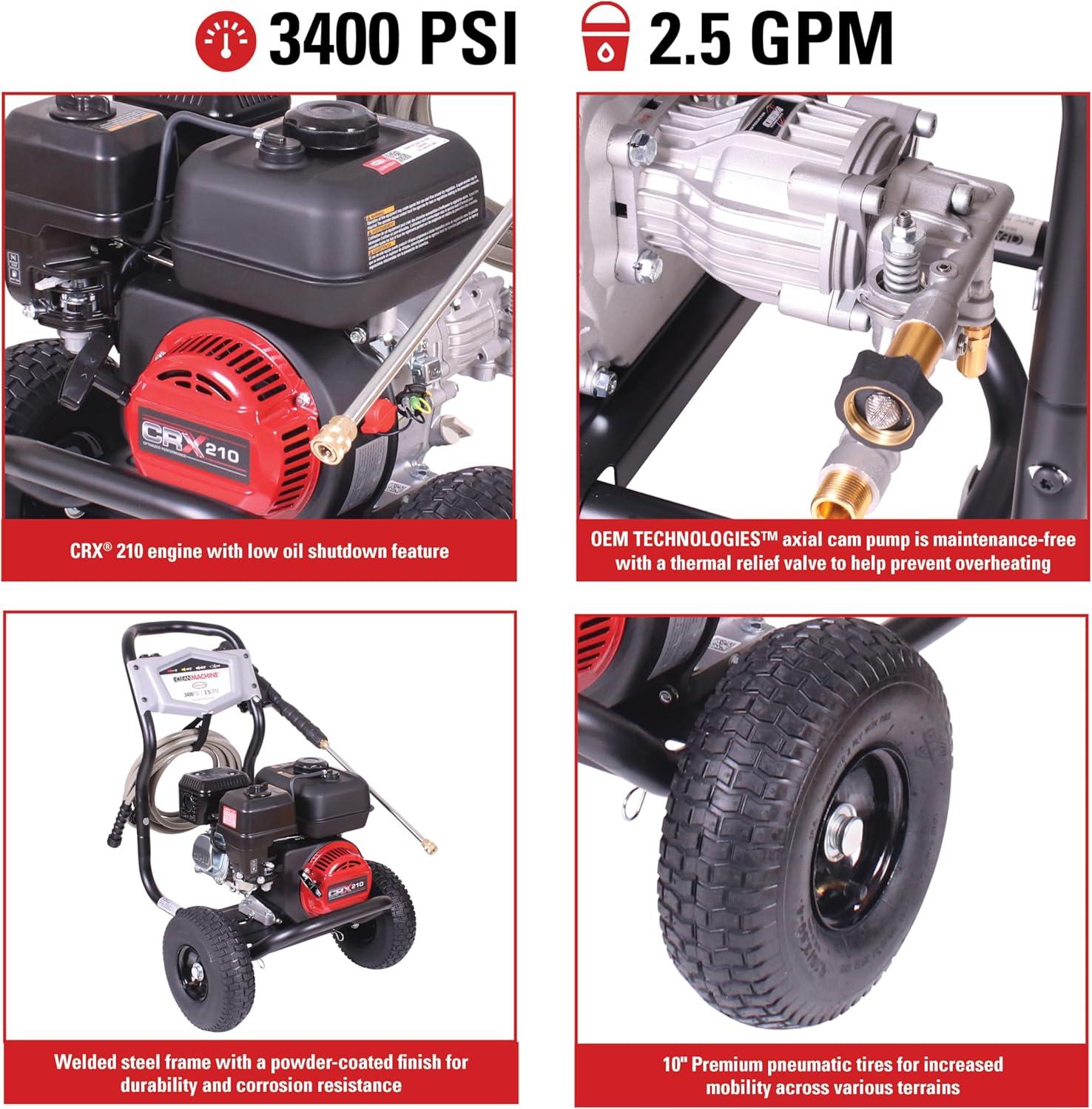 3400 Psi at 2.5 GPM with OEM Technologies™ Axial Cam Pump Cold Water Gas Pressure Washer
