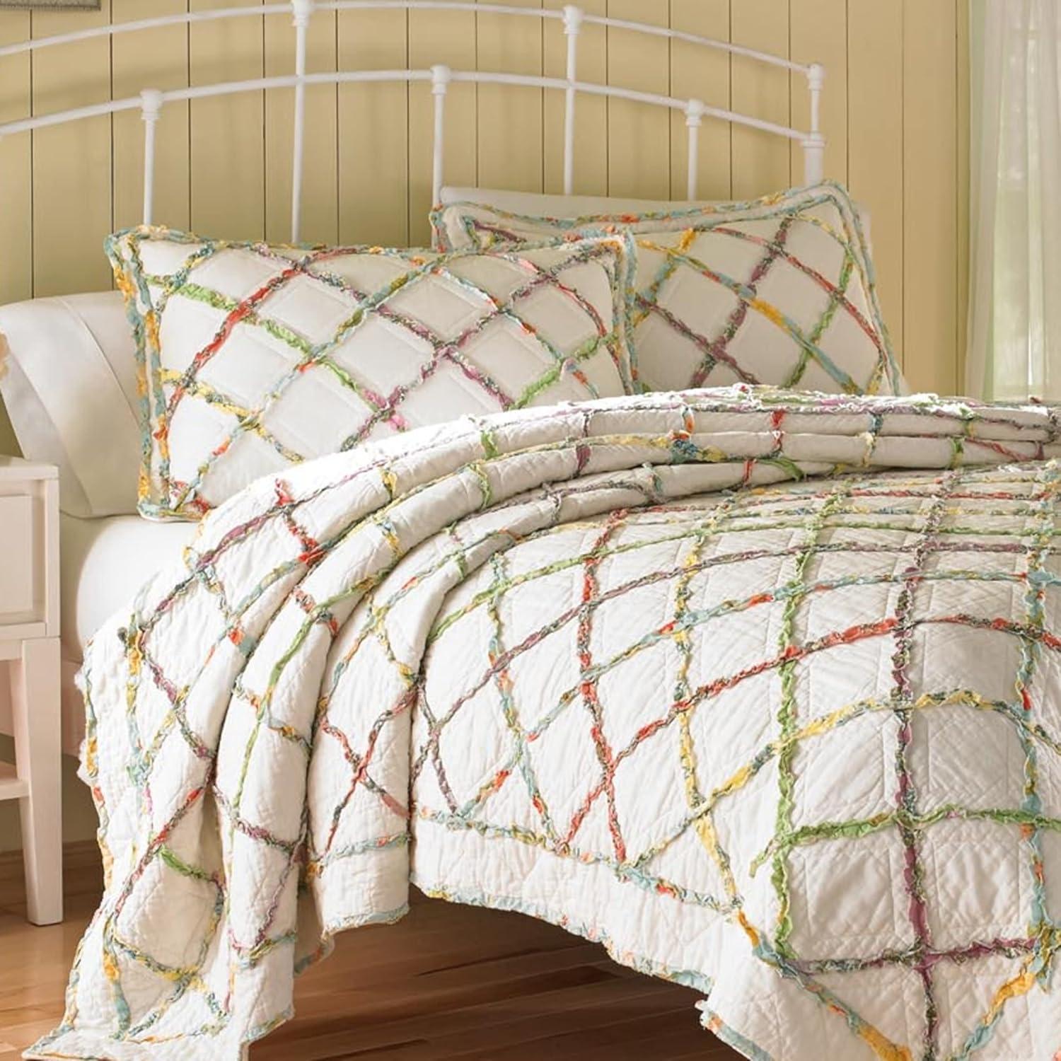 White Fringe Sham (Standard) - Laura Ashley: Cotton Diamond Pattern, Machine Washable, No Fill Pillow Cover