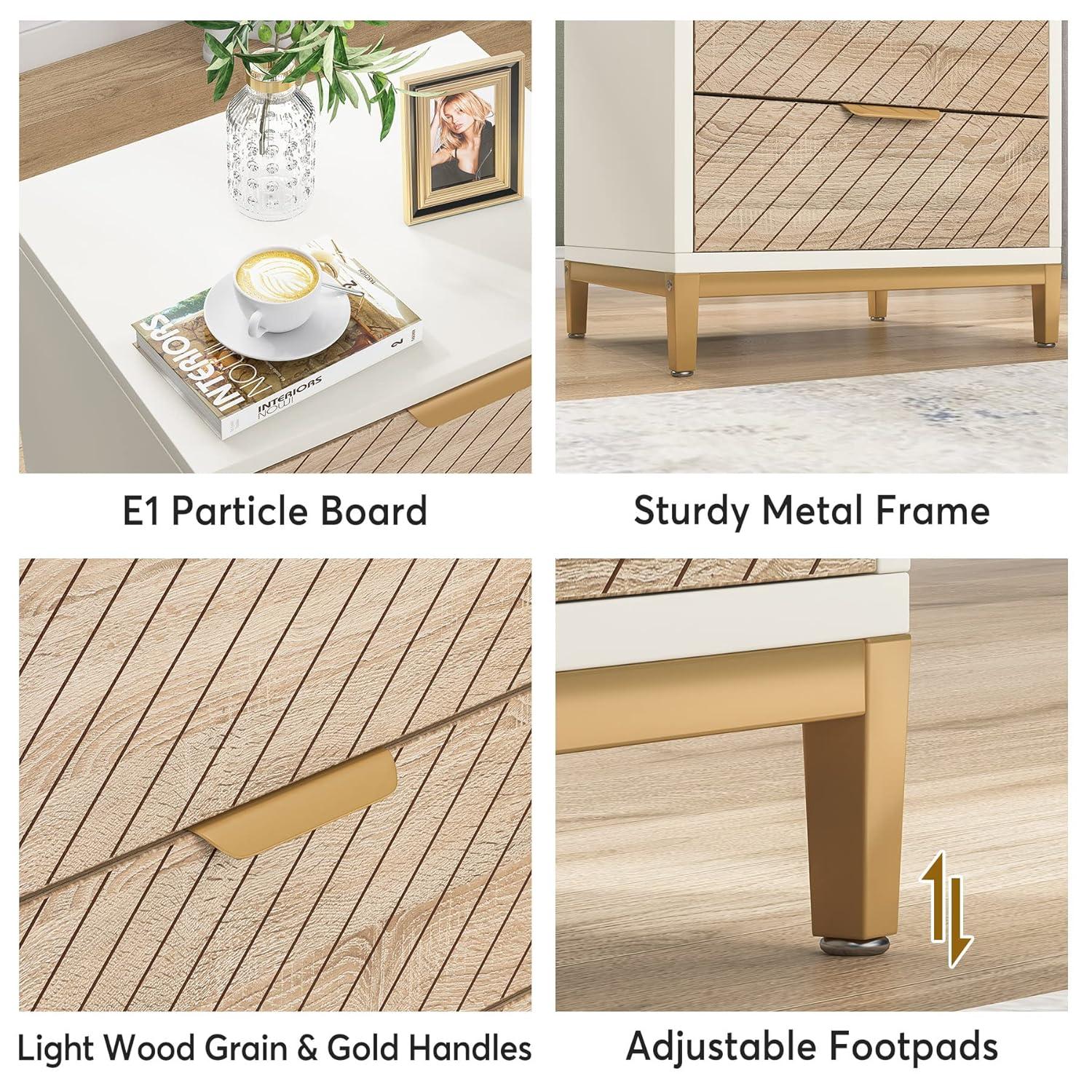 Topcobe Night Stands for Bedrooms, White and Gold Light Wood Grain Nightstands with 3 Drawers Bedside End Tables Storage for Living Room