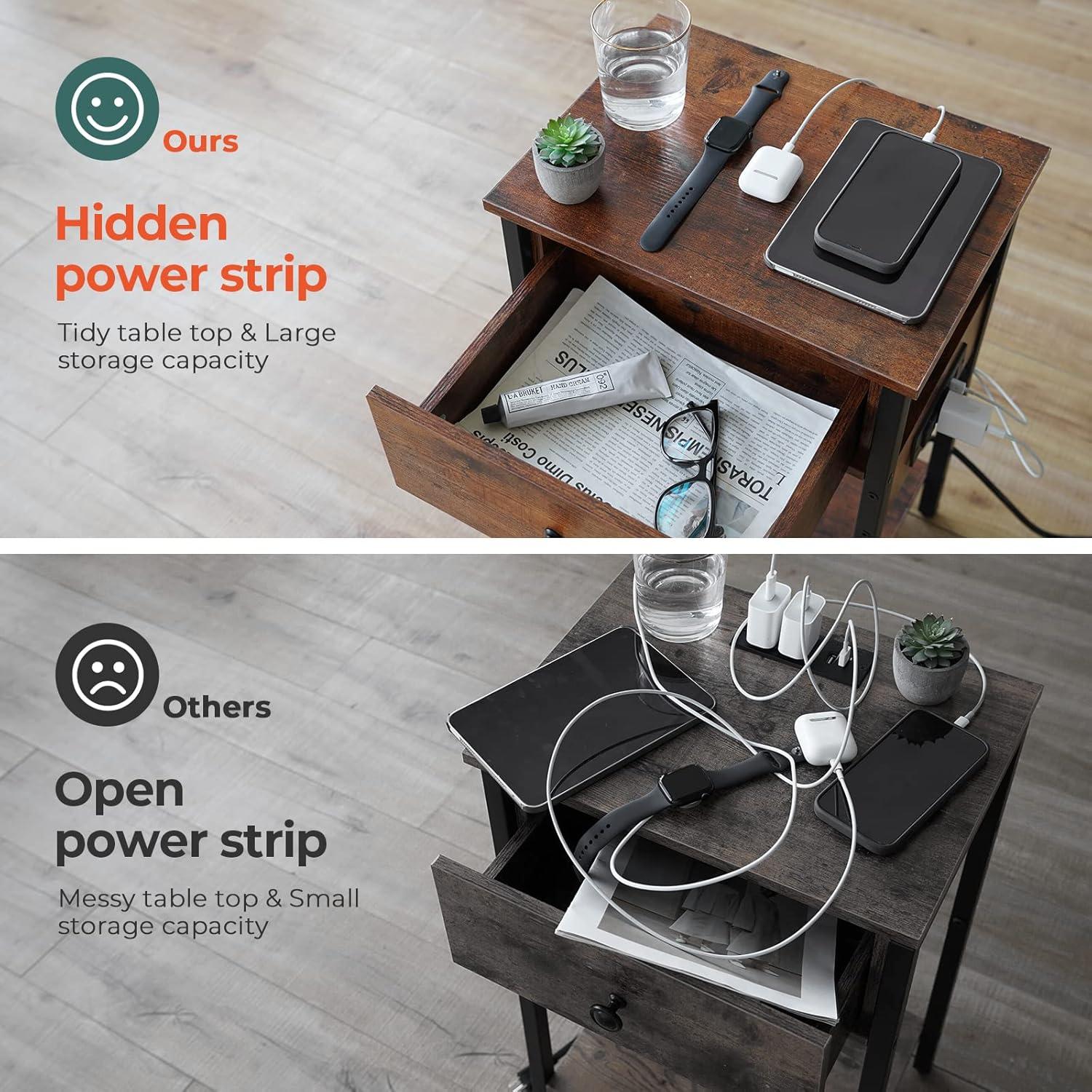 Yoobure Nightstand with Charging Station, Bedside Tables with Large Drawer and Storage Shelf, Bed Side Table/Night Stand with USB Ports & Outlets, Industrial Side Table End Table for Bedroom, White