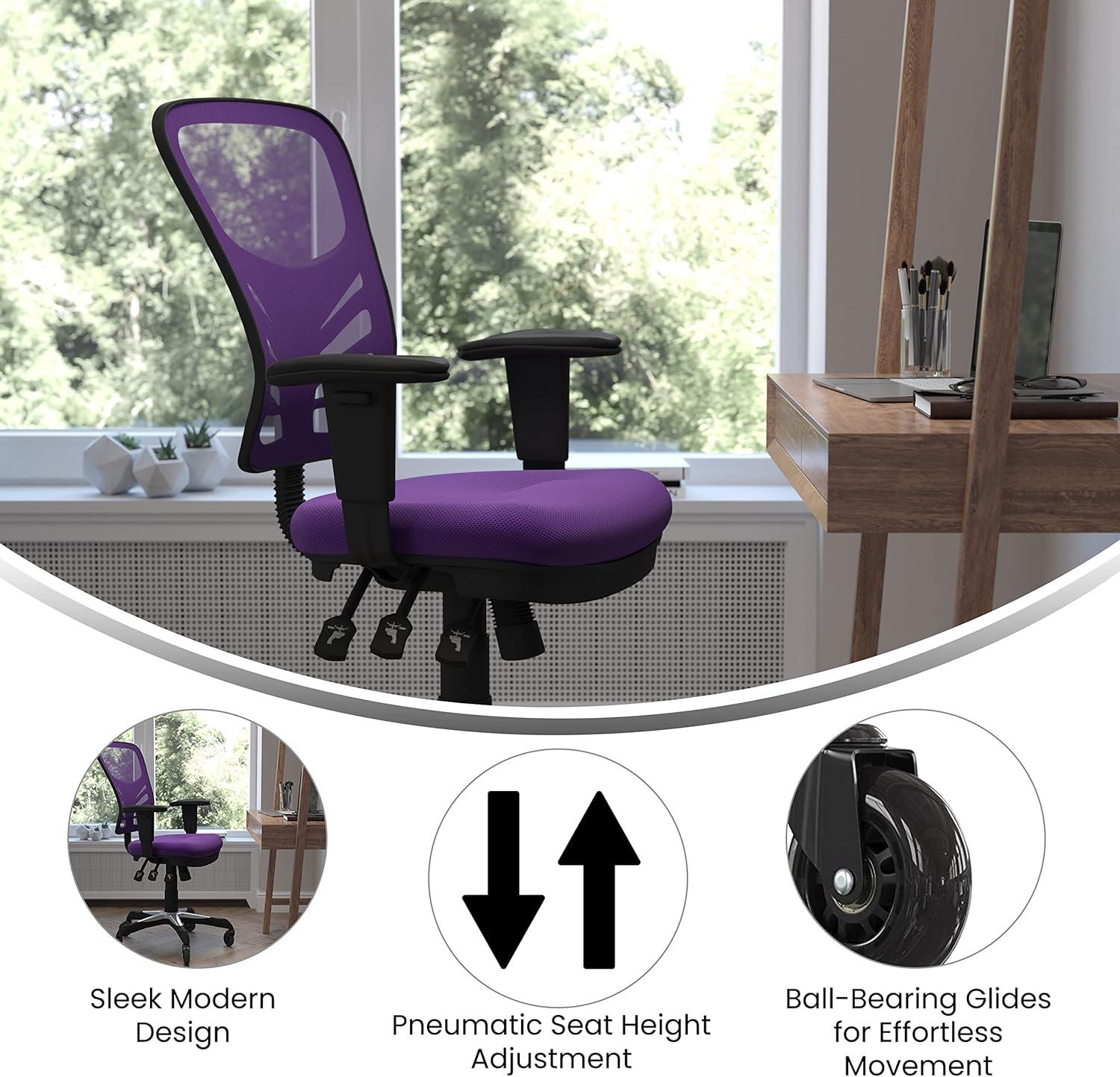 Flash Furniture Nicholas Mid-Back Purple Mesh Multifunction Executive Swivel Ergonomic Office Chair with Adjustable Arms and Transparent Roller Wheels