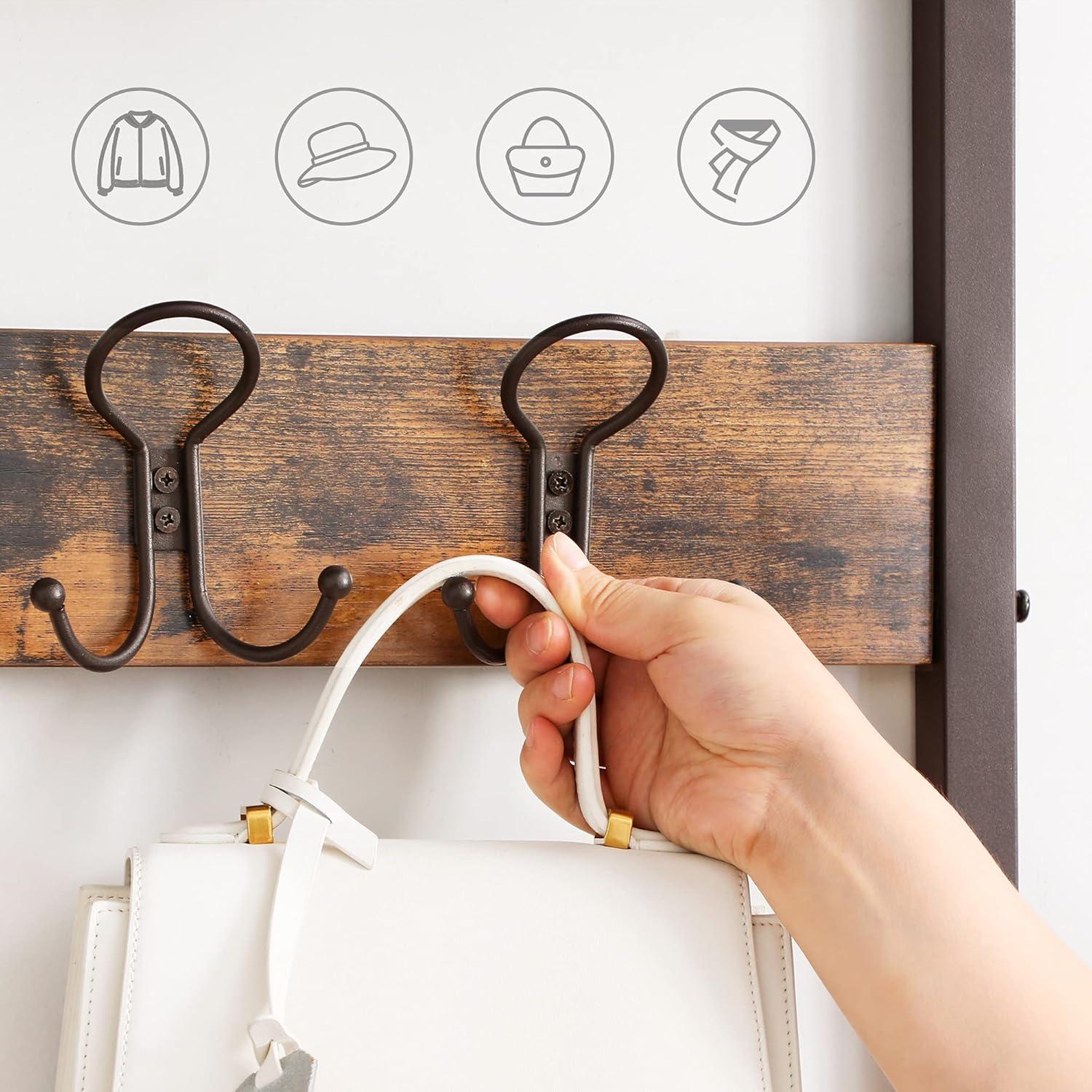 Industrial Coat Rack Stand, Shoe Rack Bench with Grid Memo Board, 9 Hooks and Storage Shelves, Hall Tree with Stable Metal Frame, Rustic Brown UHSR46BX