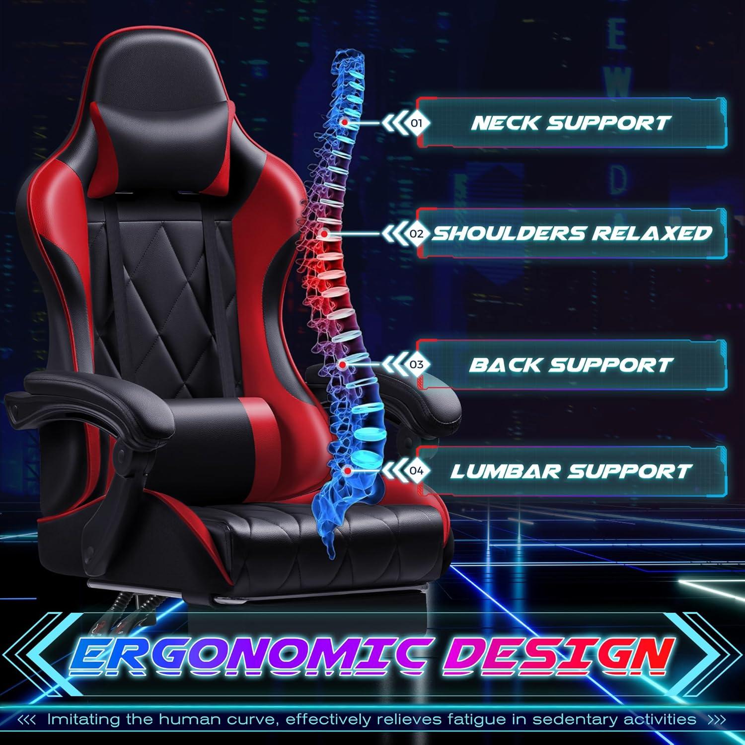 Shahoo Gaming Chair with Footrest and Massage Lumbar Support, Computer Game Chairs Ergonomic Office Seat Height Adjustable with Headrest, Red