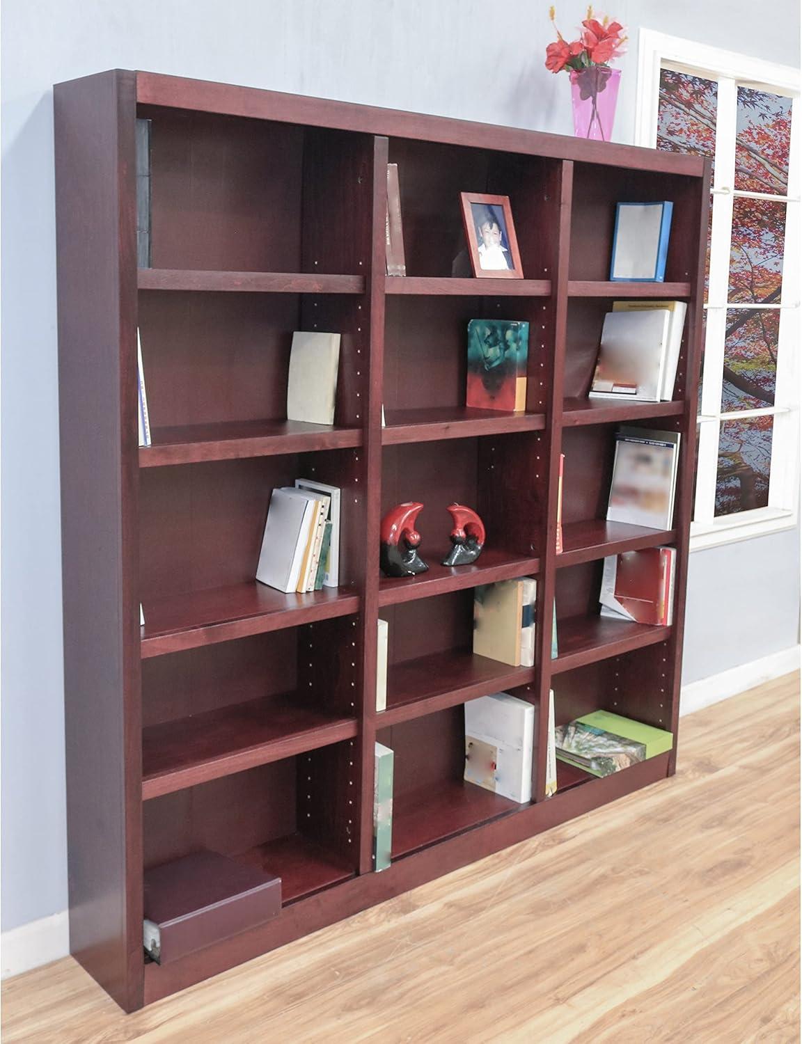 Cherry Finish Triple Wide Adjustable Wood Bookcase, 72 Inch