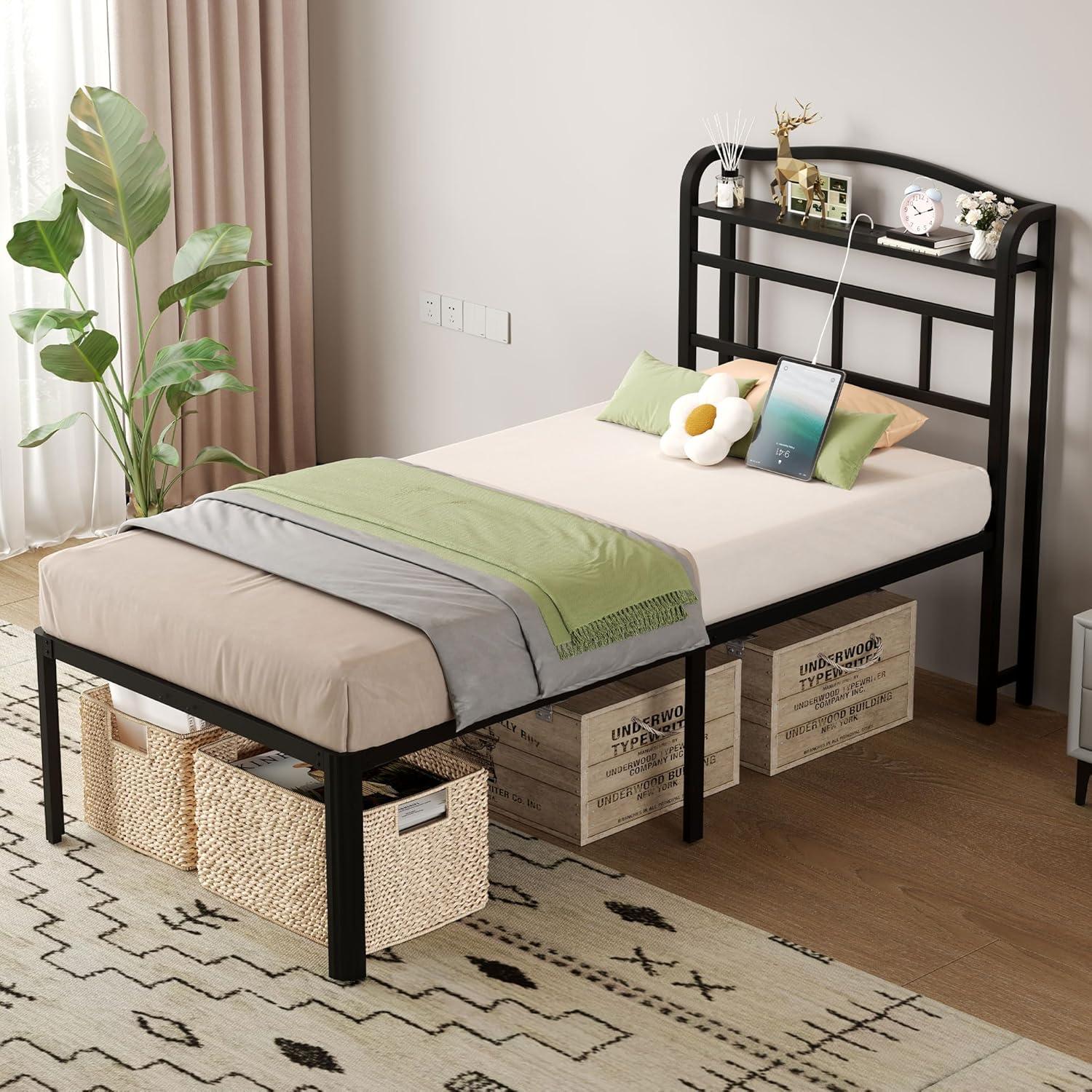 Twin Black Metal Bed Frame with Charging Station and Storage