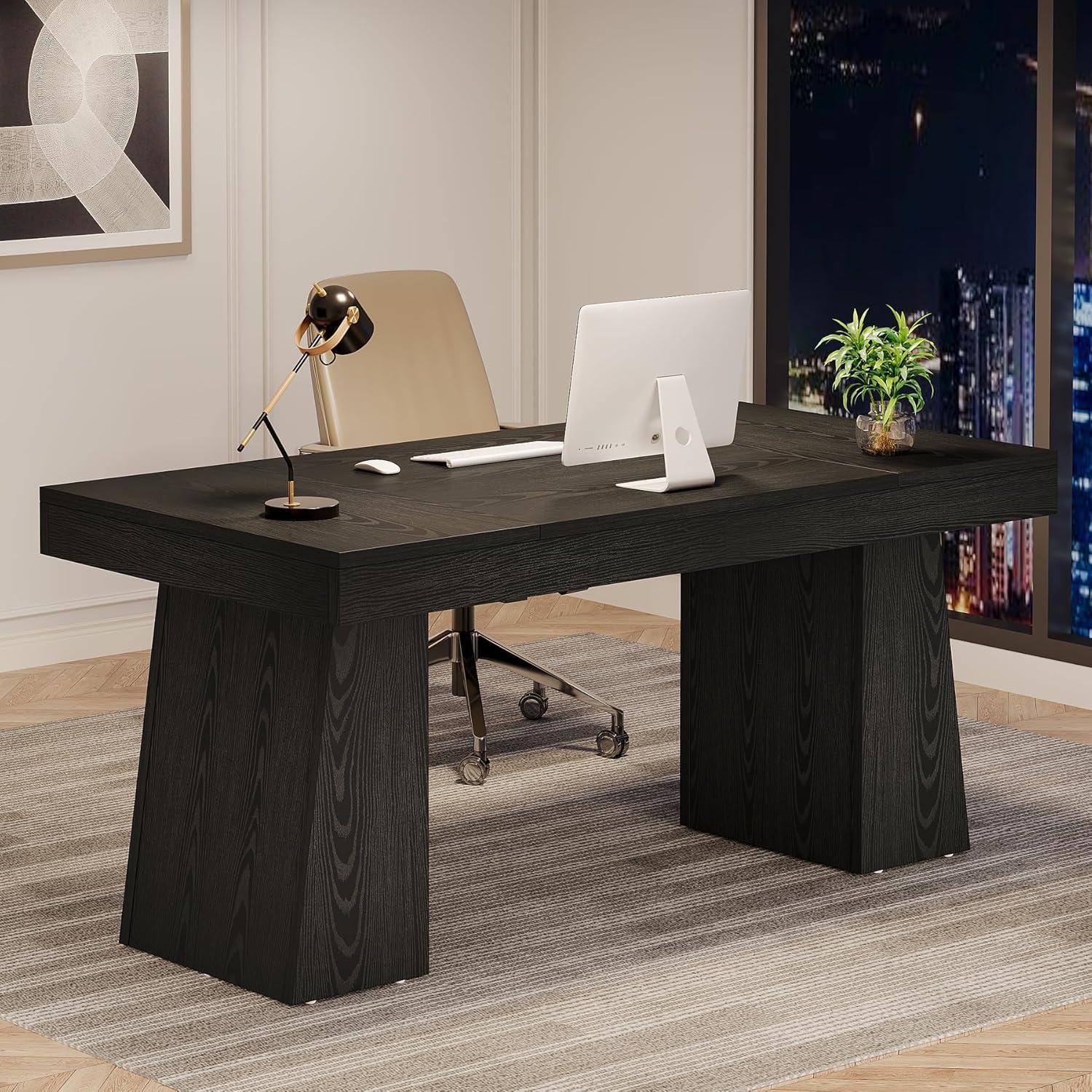 Moronia 55.1 in. Rectangle Black Wood Executive Desk with Double Trapezoid Base, Computer Desk Business Workstation Desk