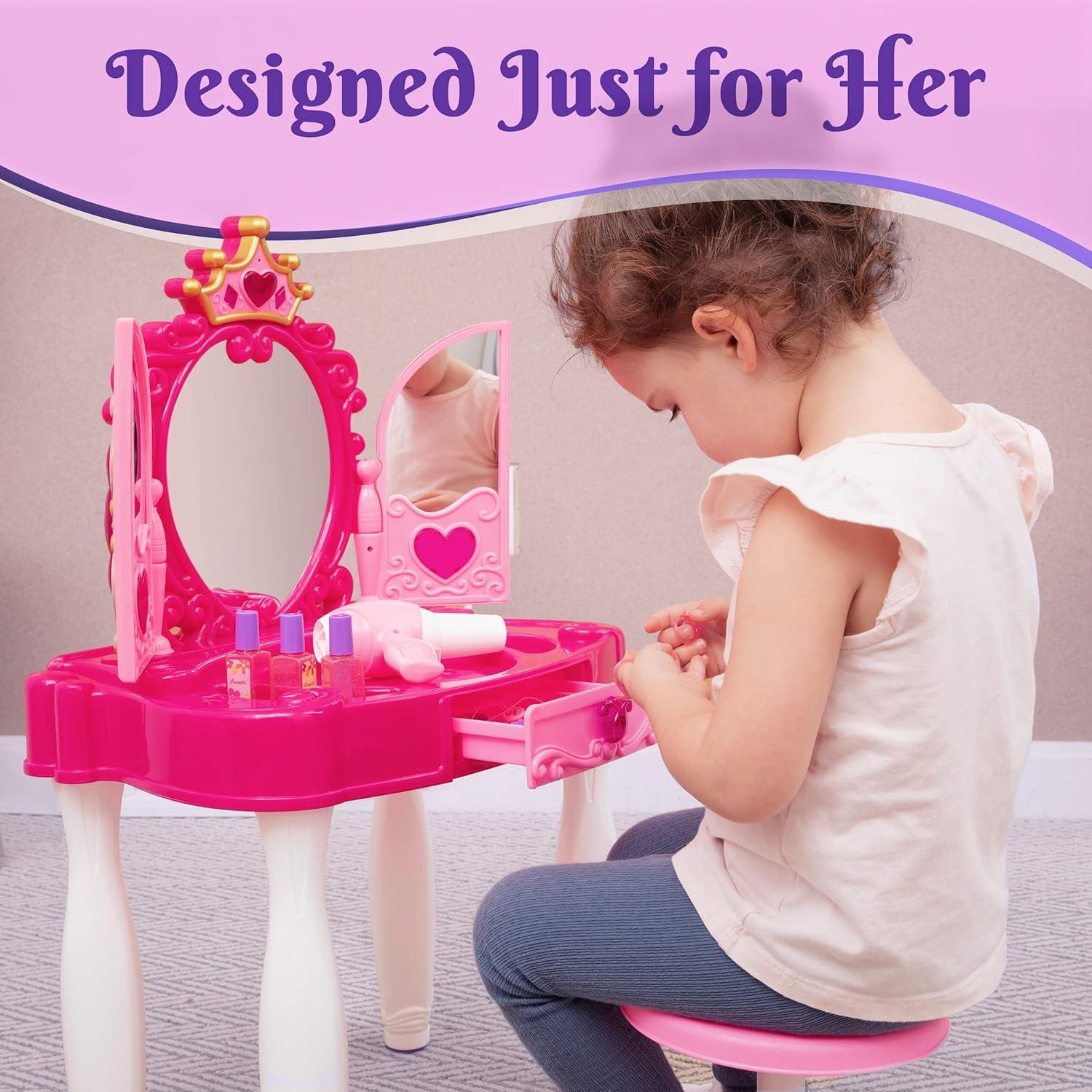 PREXTEX Kids Makeup Table with Mirror and Chair Princess Play Set, with Light and Sound Effects
