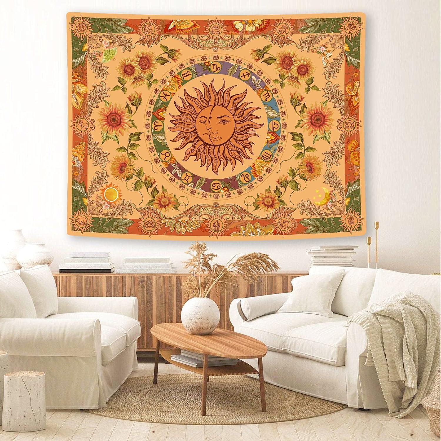 Accnicc Yellow Sun and Moon Tapestry Vintage Indie Boho Tapestry Wall Hanging with Sunflowers Butterfly Moth Constellation Aesthetic Wall Tapestries for Bedroom Dorm Living Room (Orange, 48'' × 36'')