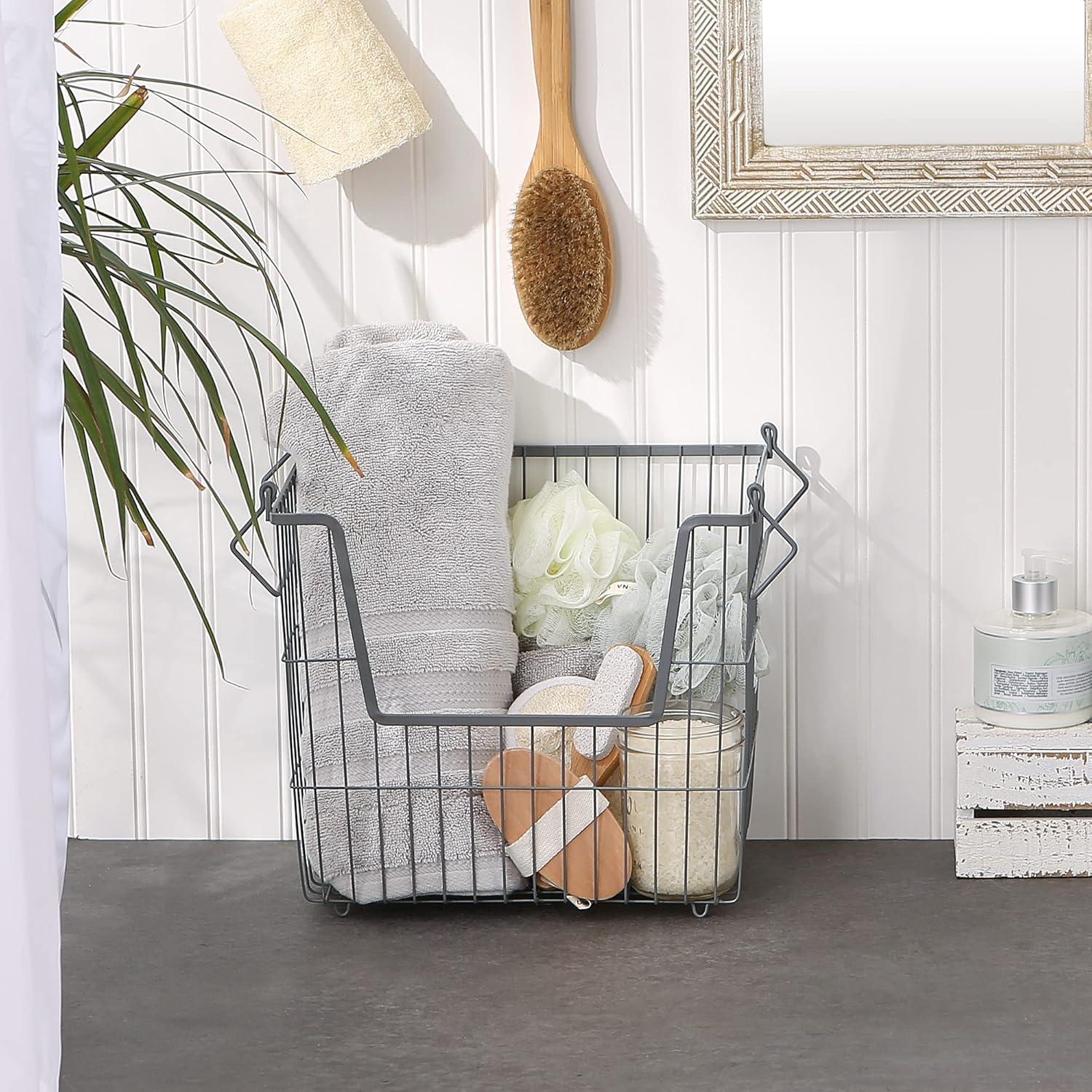 DII Design Imports Metal Wire Mesh Stackable Utility Storage Bin with Swinging Handles for Kitchens, Offices, and Living Rooms, Large, Cool Gray