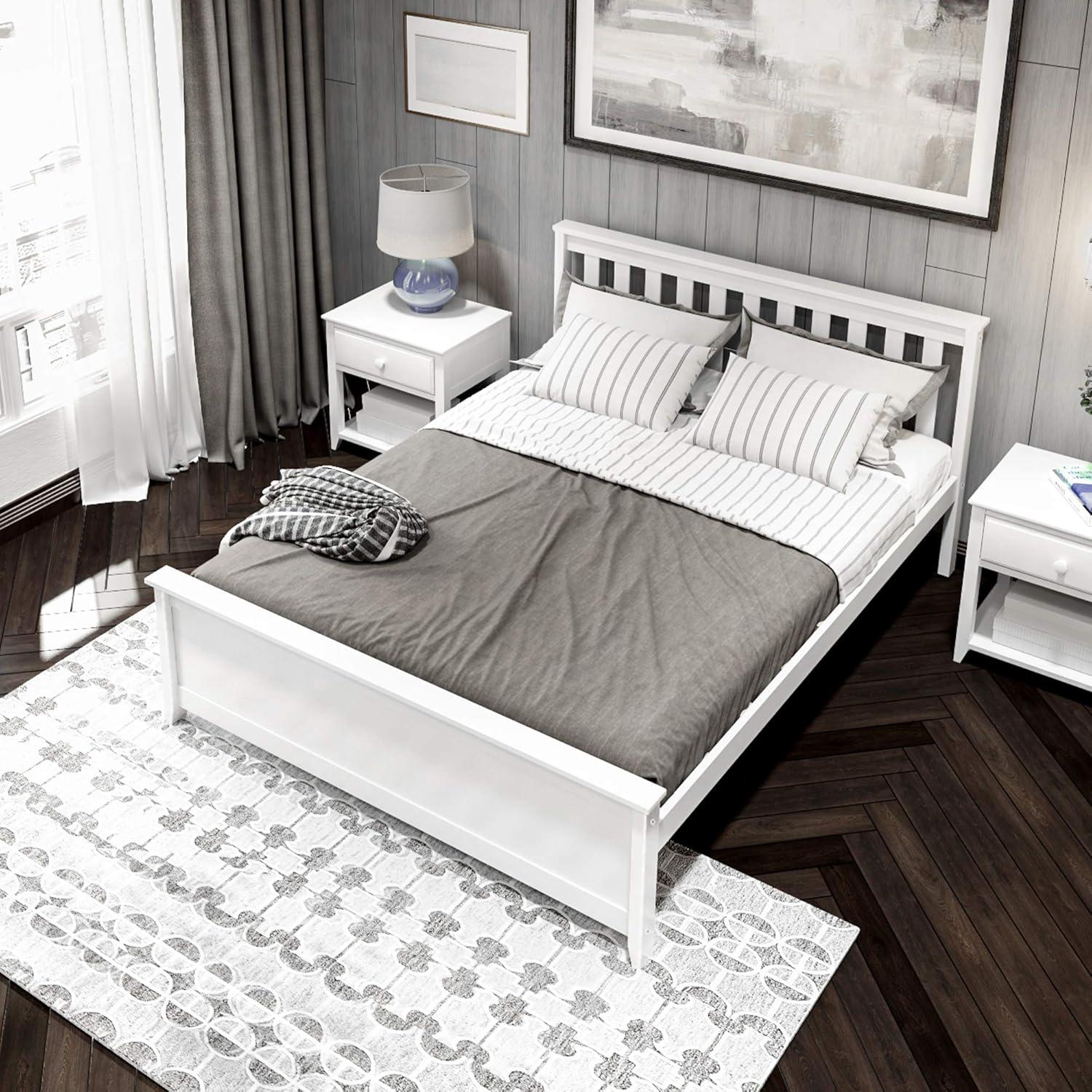 Plank+Beam Queen Bed Frame with Slatted Headboard Solid Wood Platform Bed, No box Spring Needed, White