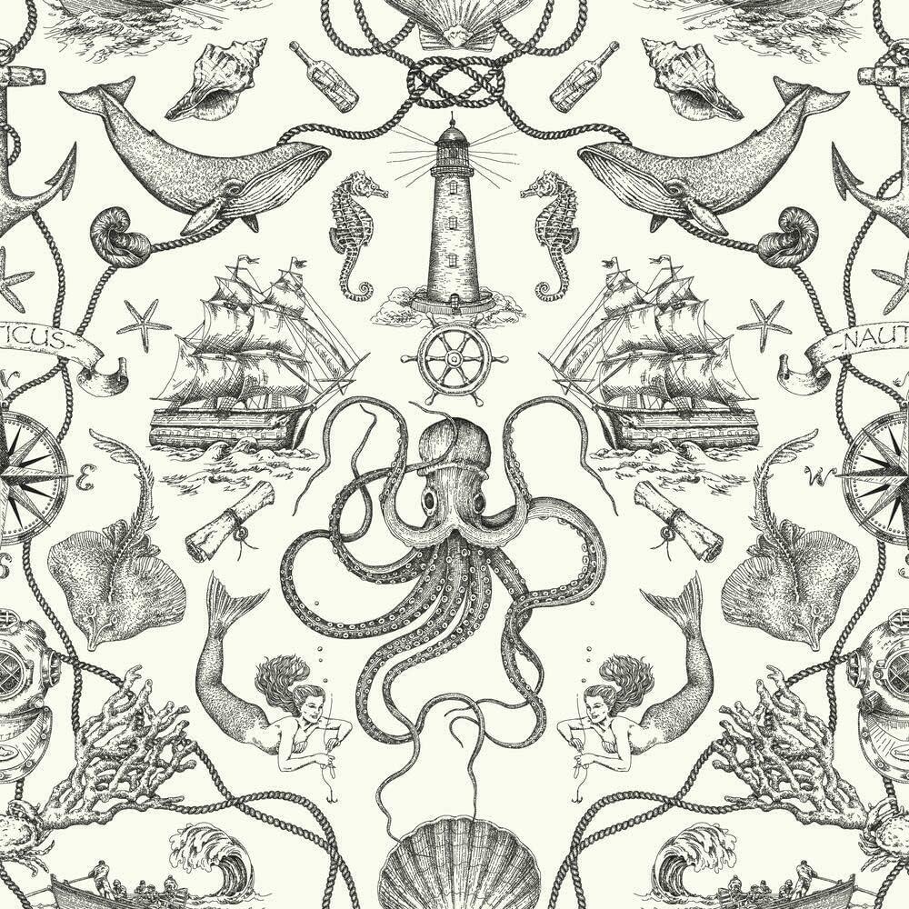 RoomMates Deep Sea Toile Blue Peel and Stick Wallpaper: Nautical Vinyl, Mermaid & Seahorses, Self-Adhesive, 28.18 Sq Ft Coverage