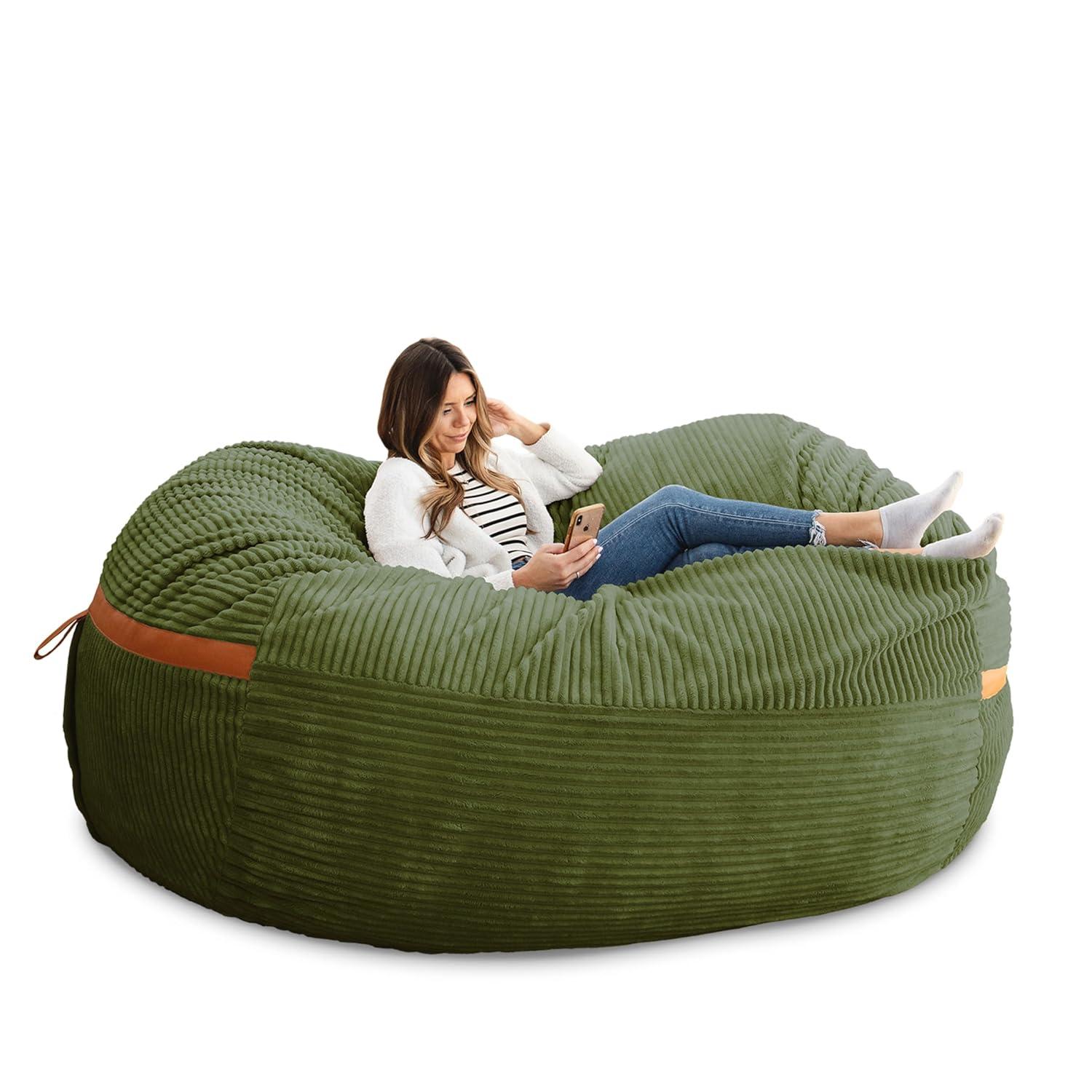 Big Joe Foam Filled Bean Bag Chair with Removable Cover, Corded Plush, Vegan Leather Accents, Medium to XXL Size