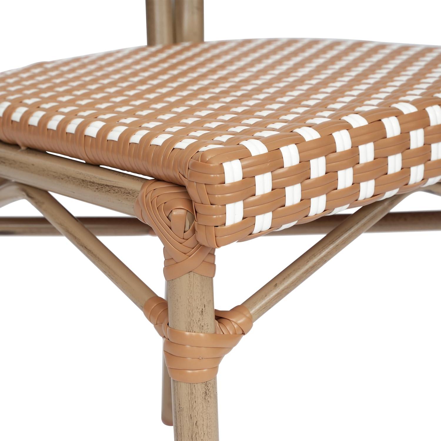Flash Furniture 4 PK Lourdes Indoor/Outdoor Commercial Thonet Bistro Stack Chair, Natural/White PE Rattan & Bamboo Print Aluminum Frame in Light Nat