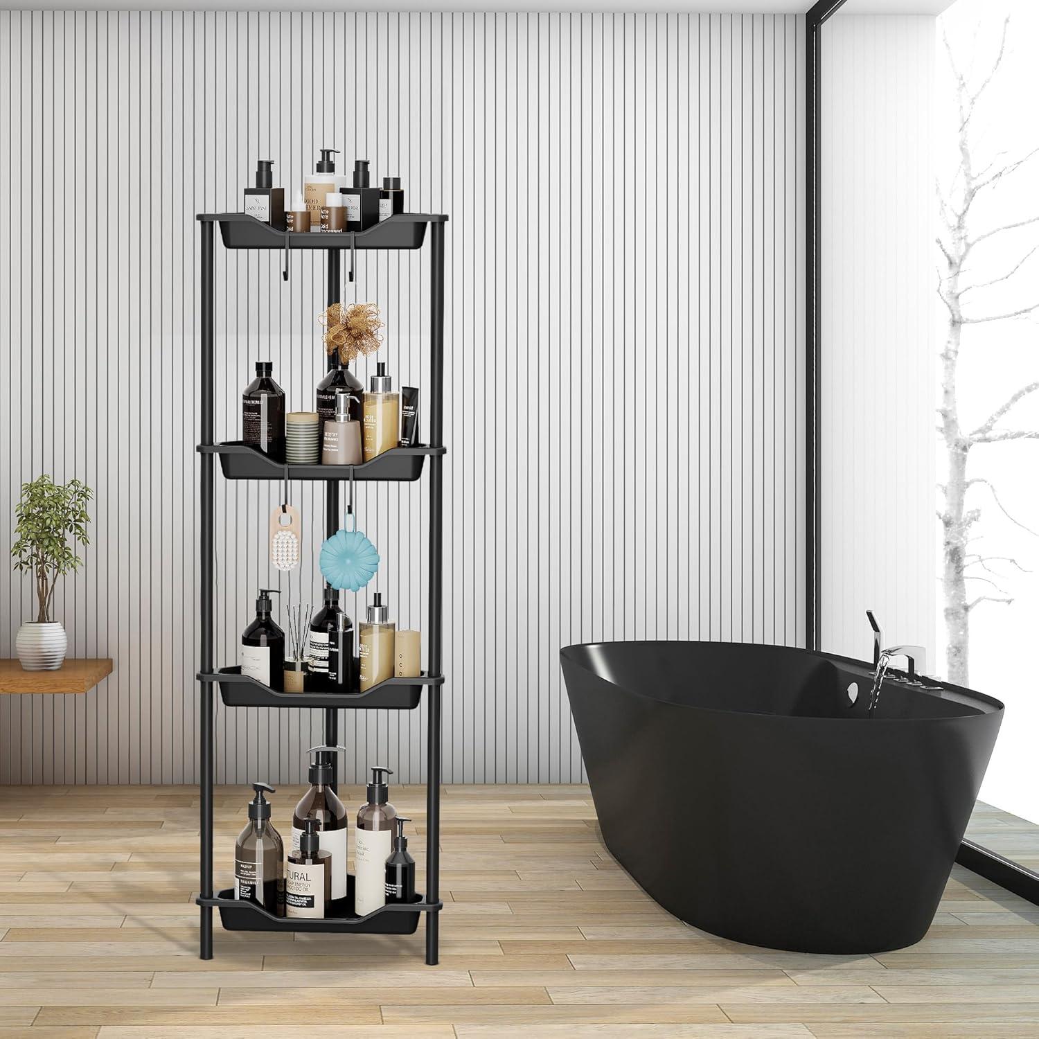 4 Tier Floor Standing Corner Shower Caddy Organizer Plastic Metal Splicing Shelf Storage Rack