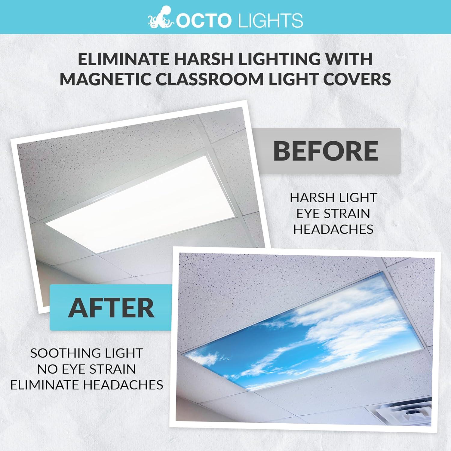 OCTO LIGHTS Magnetic Fluorescent Light Covers for Ceiling Lights Classroom 2x4 - Magnetic Classroom Light Filters - Improve Focus, Eliminate Headaches & Eyestrain CLD-010