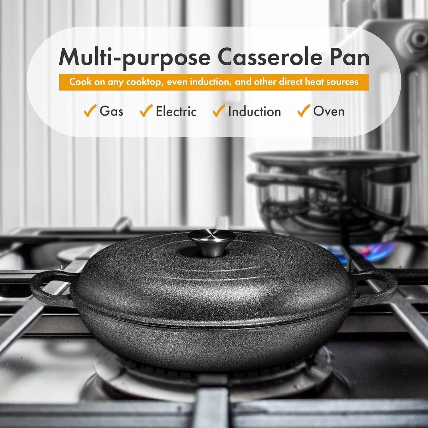 Bruntmor | Heavy Duty Pre-Seasoned Cast Iron Casserole Braiser - Pan With Cover