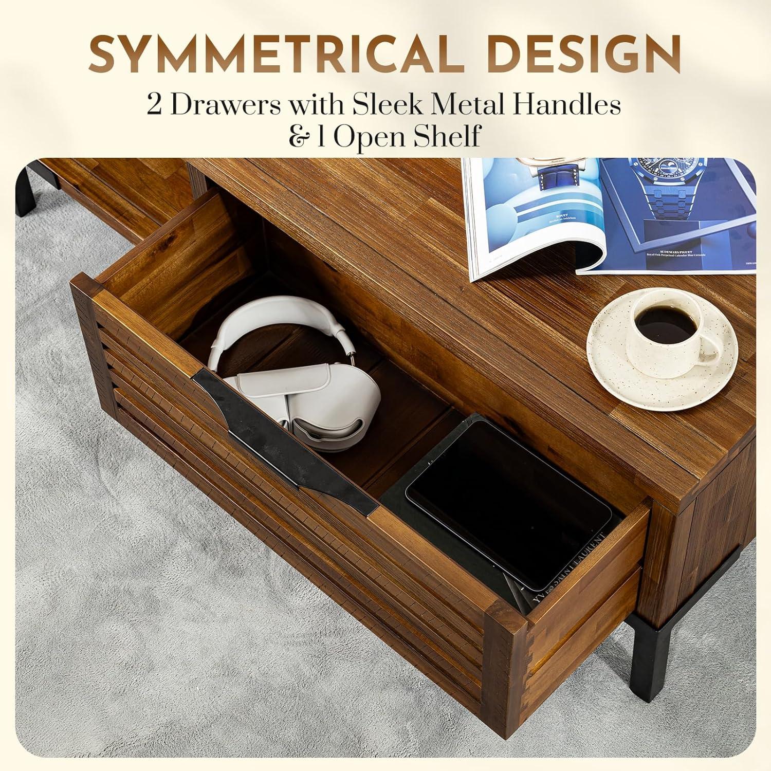 Bme Millie Solid Wood Coffee Tables, Industrial Modern Living Room Center Desk with 2 Storage Drawers & Assembly Under 5 Minutes, Rustic Chestnut