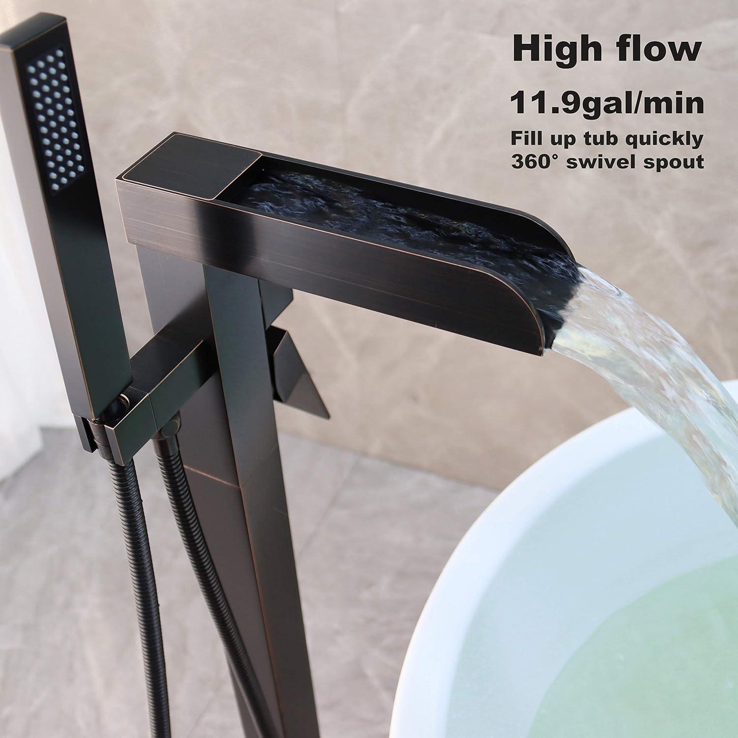 Single-Handle Floor Mount Freestanding Tub Faucet Waterfall Tub Filler with Handheld Shower in Oil Rubbed Bronze