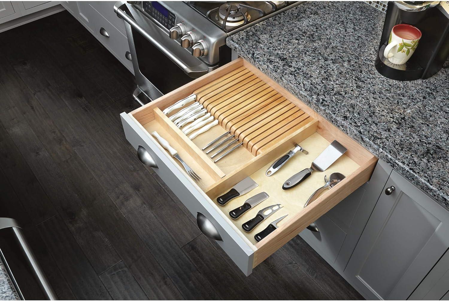 Rev-A-Shelf 4WDKB-1 2-Row Trimmable 55 Slot Knife Block Tray Kitchen Drawer Organizer Insert with Utensil Holder Tray