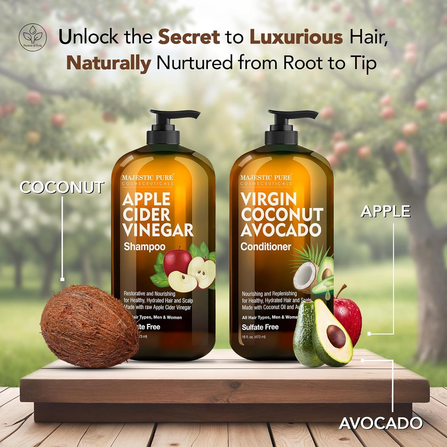 Majestic Pure Apple Cider Vinegar Shampoo & Avocado Coconut Conditioner Set - 16 Fl Oz Each
