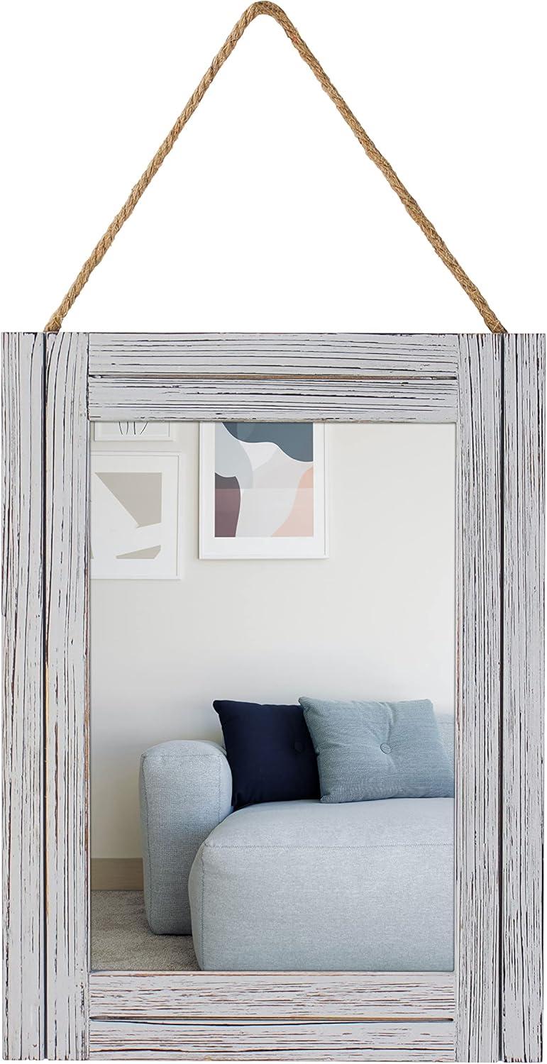 Arikago 12 x 16 in Wall Decorative Mirror, Rustic Wood Frame Rectangular Mirror with Hanging Rope for Entryway, Bedroom, Guest Bathroom, Living Room, Bedroom - Grey
