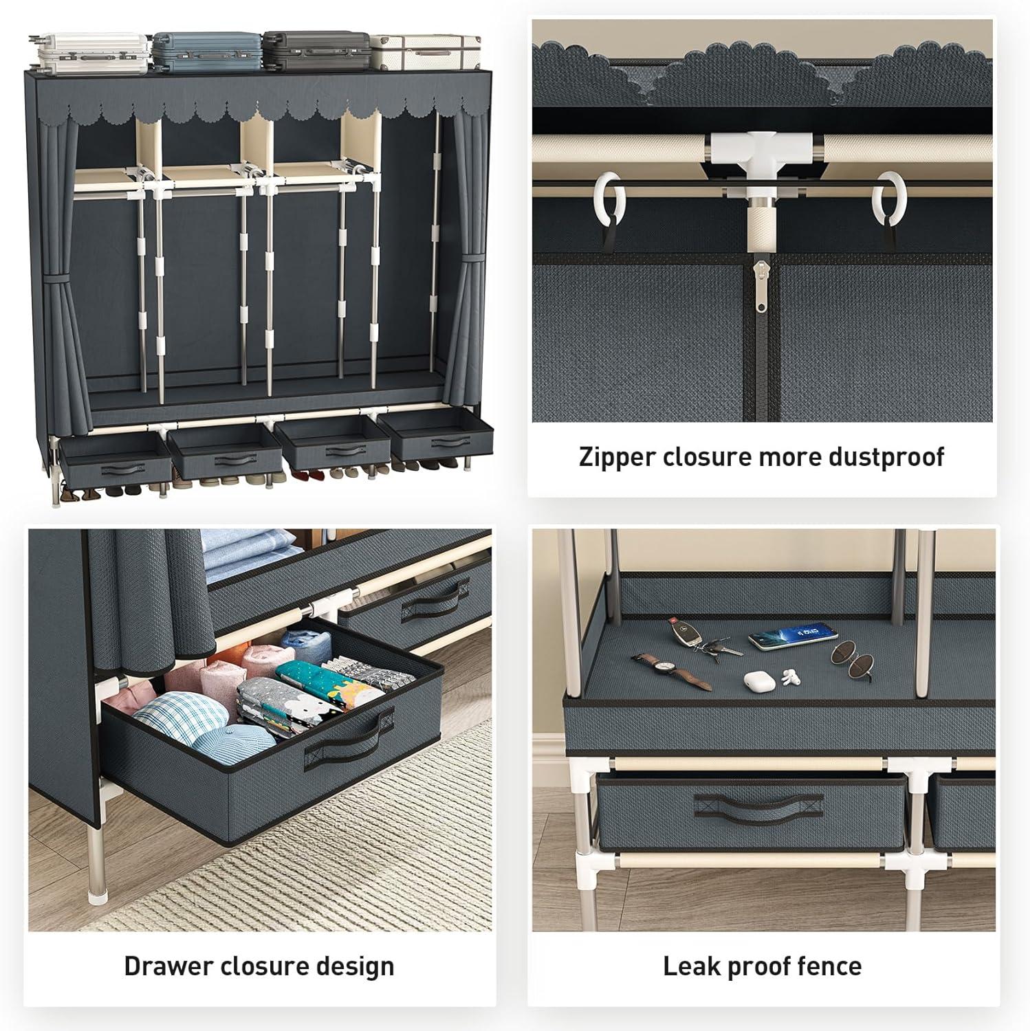 Large Portable Wardrobe with 4 Hanging Rods and Drawers, Armoire, Metal Storage Wardrobe Hangers, Upgraded Grey Non-Woven Dust Cover for Handing Closet,Large Closets for Bedroom