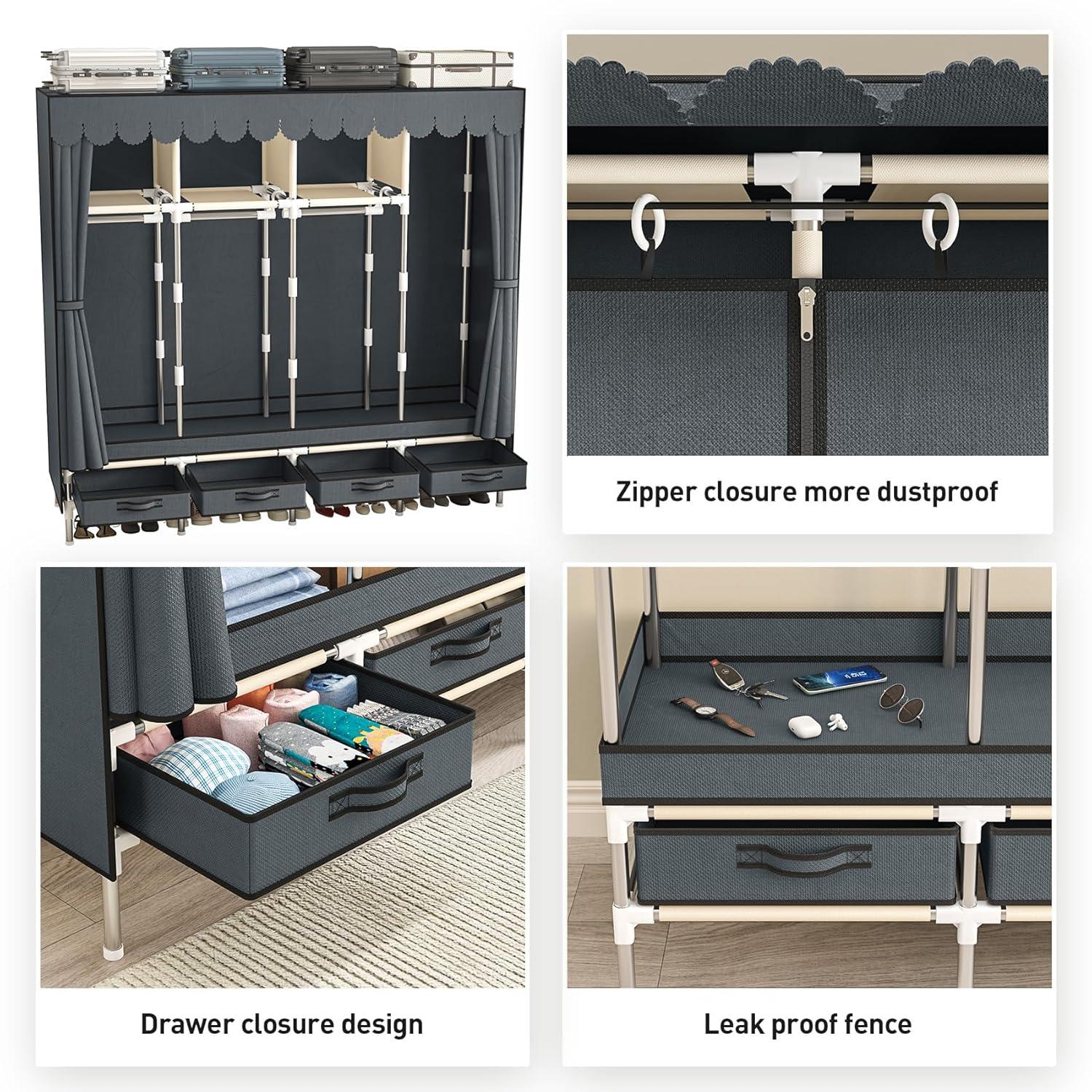Large Portable Wardrobe with 4 Hanging Rods and Drawers, Armoire, Metal Storage Wardrobe Hangers, Upgraded Grey Non-Woven Dust Cover for Handing Closet,Large Closets for Bedroom