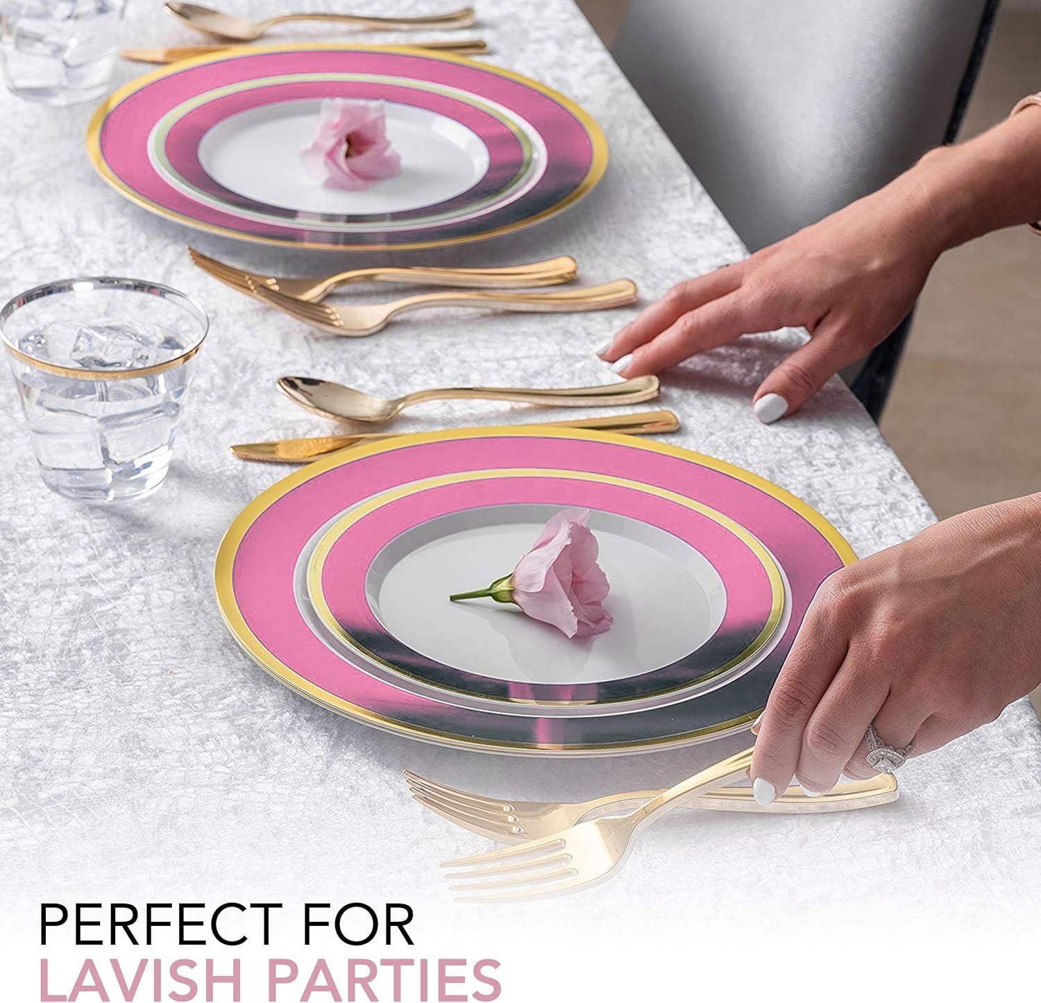 125-Piece White, Pink, and Gold BPA-Free Disposable Dinnerware Set