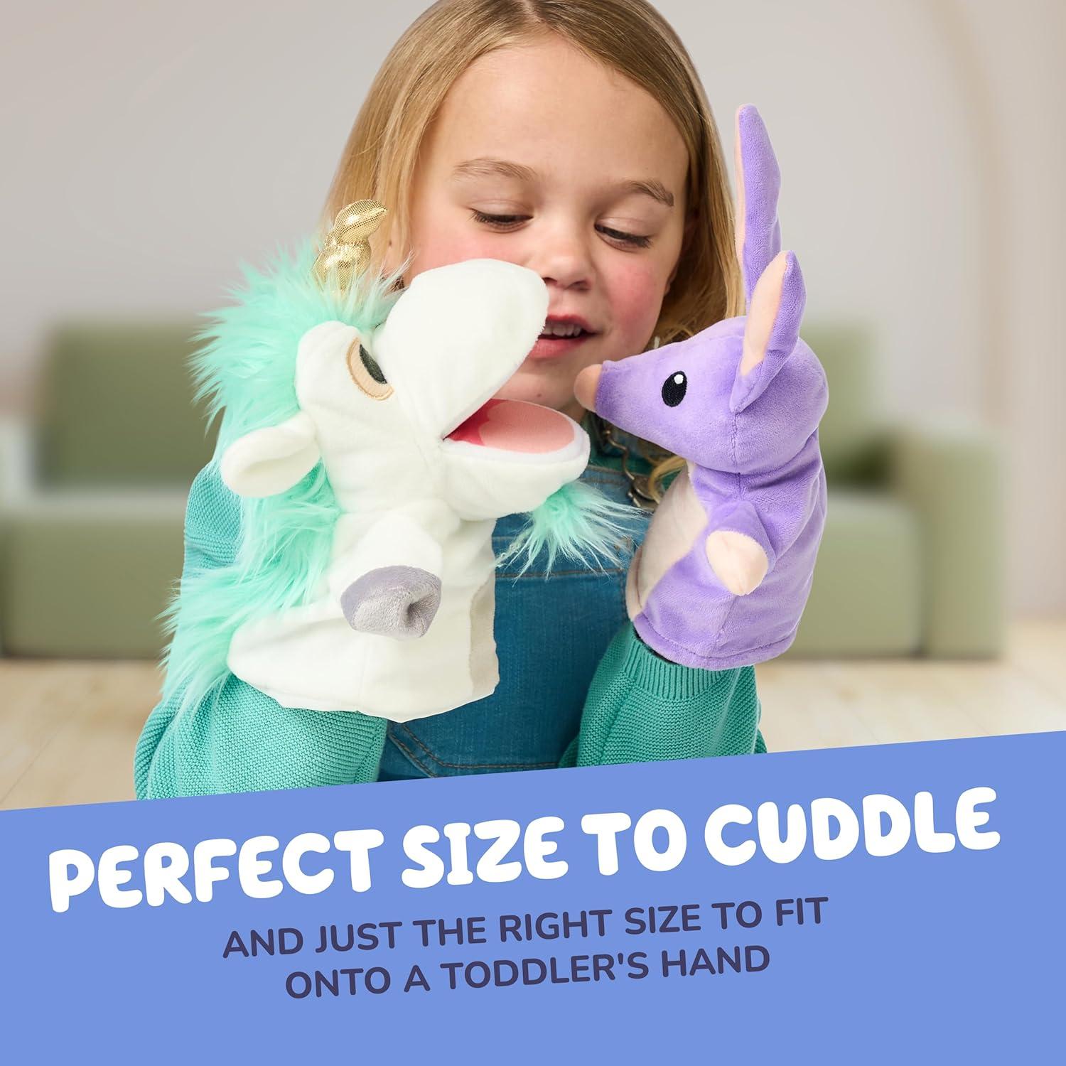 Bluey Unicorse & Bob Bilby Hand Puppet Plush 2-Pack – 8-9” Soft Deluxe Fabric, Embroidered Details, Perfect for Toddler Hands, Imaginative Play, Official Bluey Toys, Amazon Exclusive