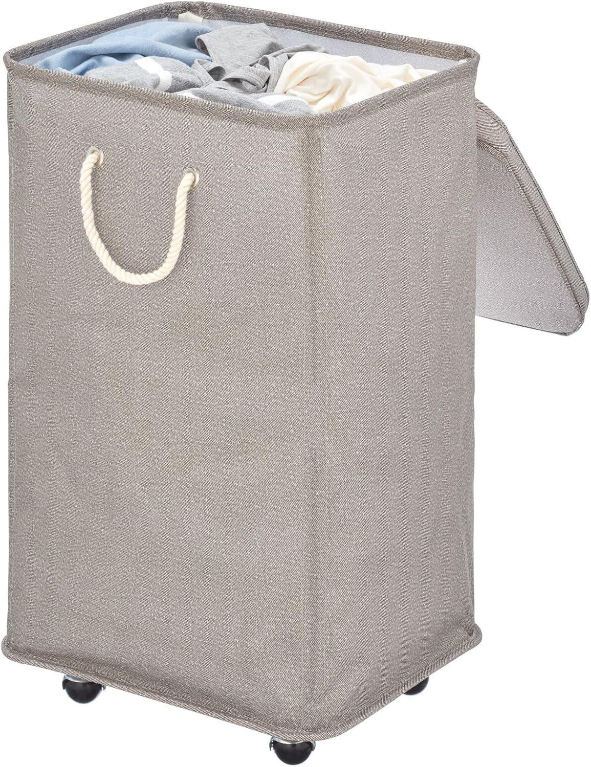 mDesign Large Polyester Rolling Laundry Hamper with Wheels, Lid, Handles, Taupe