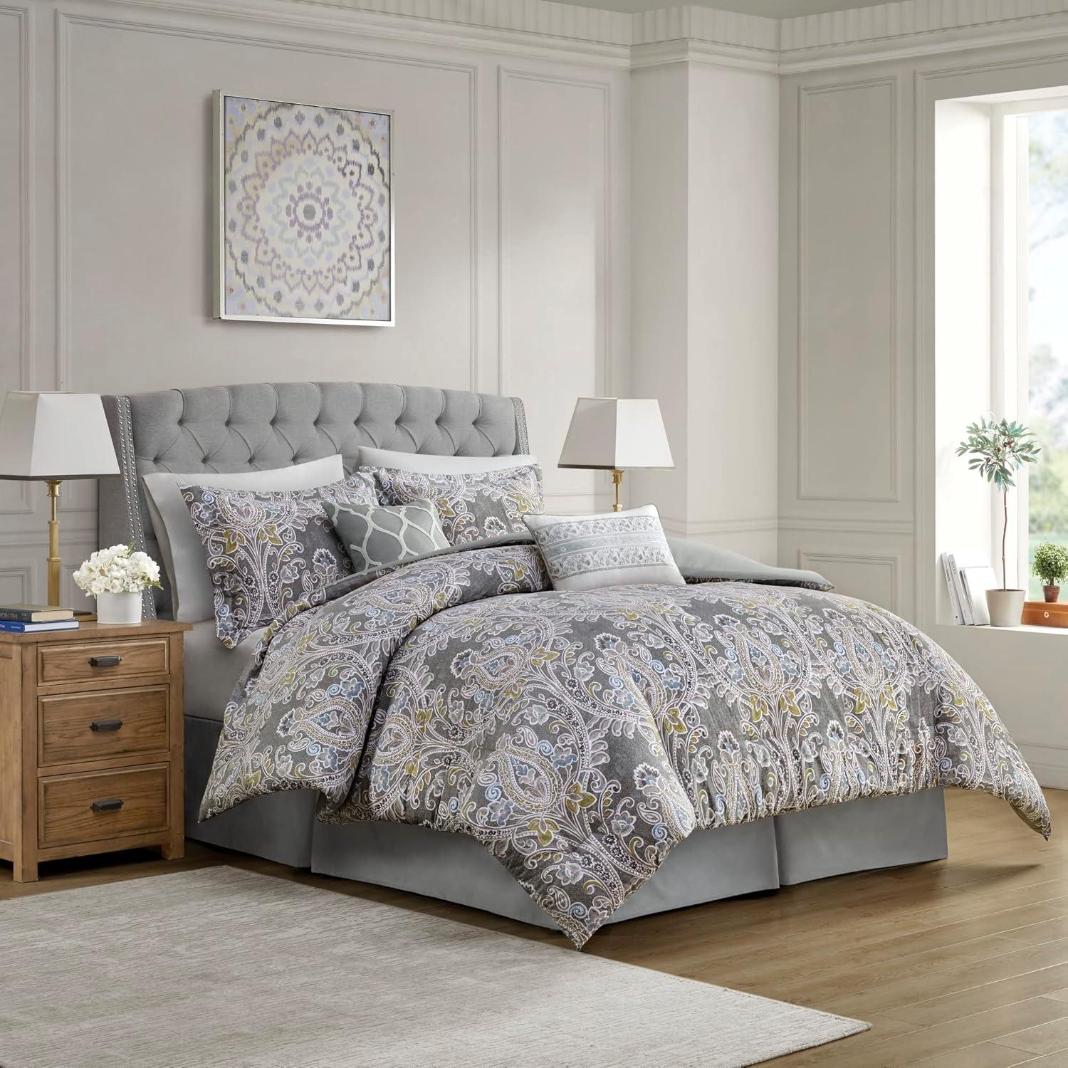 Hallie Damask Grey & Blue Queen Cotton Comforter 6-Piece Set