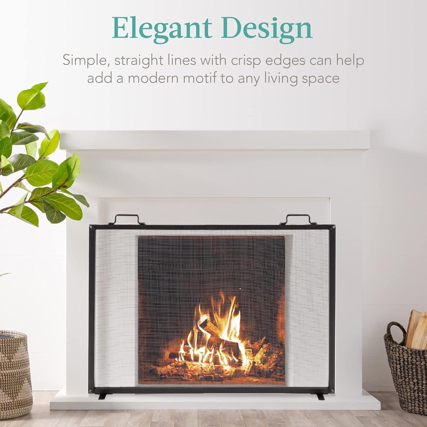 Cassiano 38x27in Single Panel Fireplace Screen Handcrafted Steel Mesh Spark Guard w/ Handles