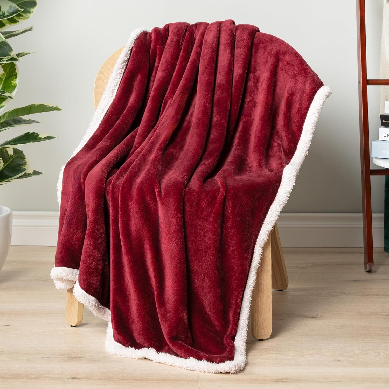 PAVILIA Plush Sherpa Fleece Throw Blanket Burgundy Red | Soft, Warm, Fuzzy Wine Maroon Throw for Couch Sofa | Solid Reversible Cozy Microfiber Fluffy Blanket, 50x60