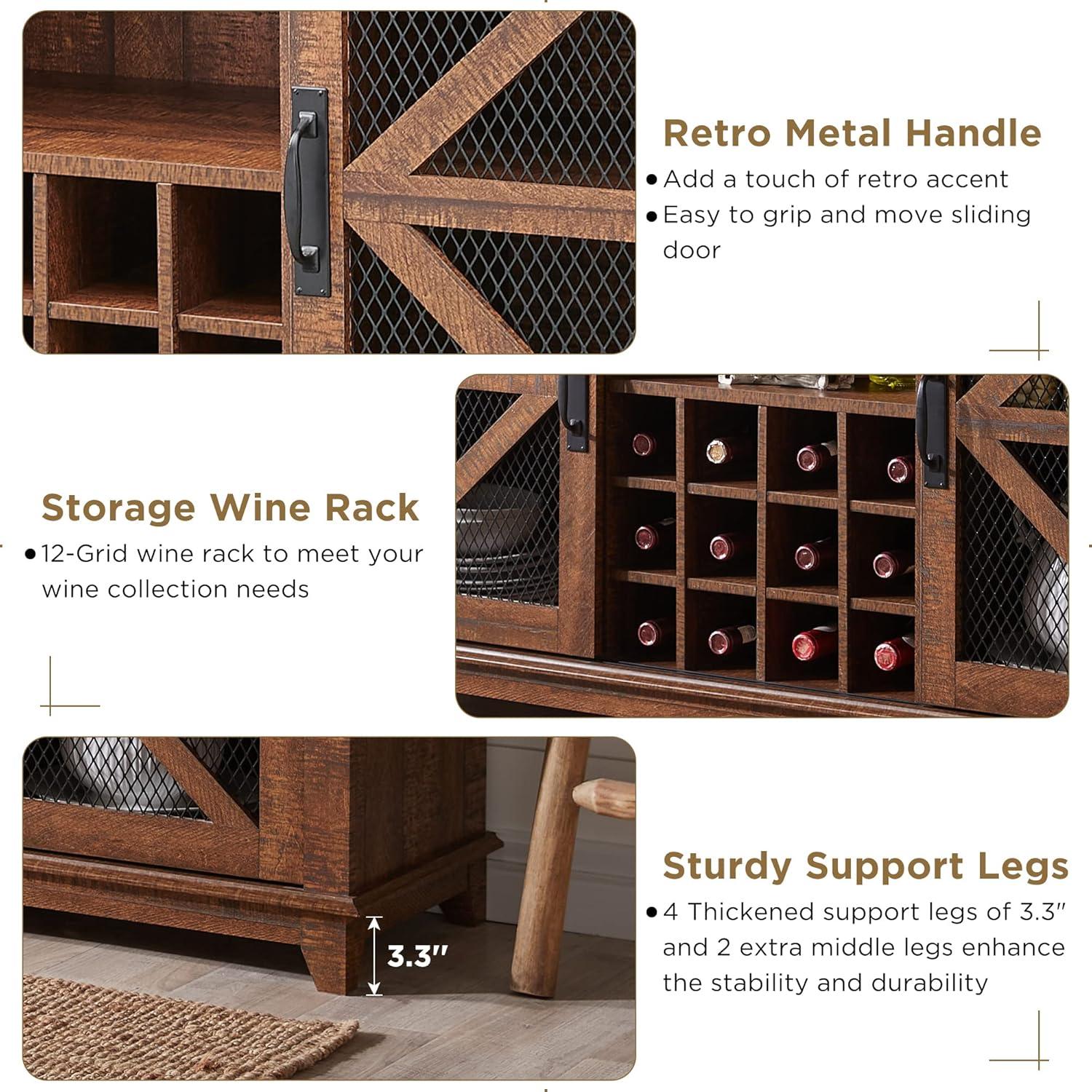 SinCiDo 55" Coffee Bar Cabinet with LED Lights & Sliding Barn Door & Wine and Glass Rack, Wine Bar Cabinet w/Storage Shelves, Reclaimed Barnwood