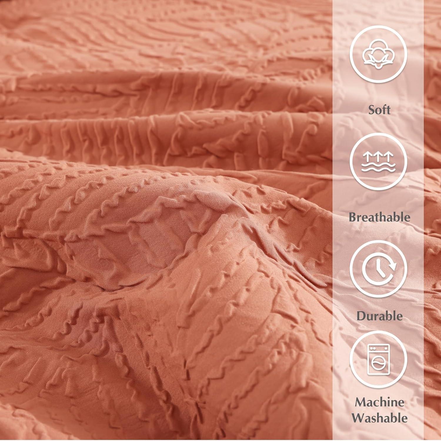 Geniospin Twin Comforter Set - 5 Pieces Burnt Orange Bedding Set, Botanical Textured Fall Comforter Set, All Season Lightweight Bed in a Bag with Comforter, Sheets, Pillowcases & Shams