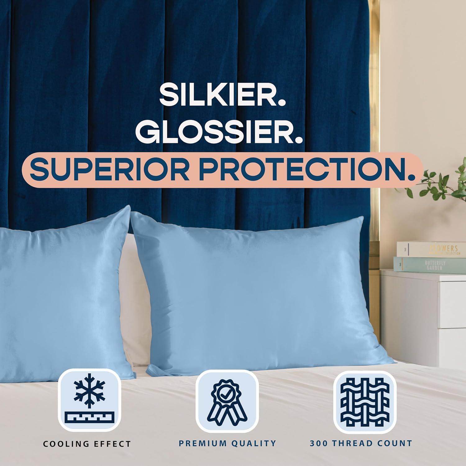 Blissford Luxury Jewel Blue Satin Pillowcase with Zipper Closure, Standard 2-Pack