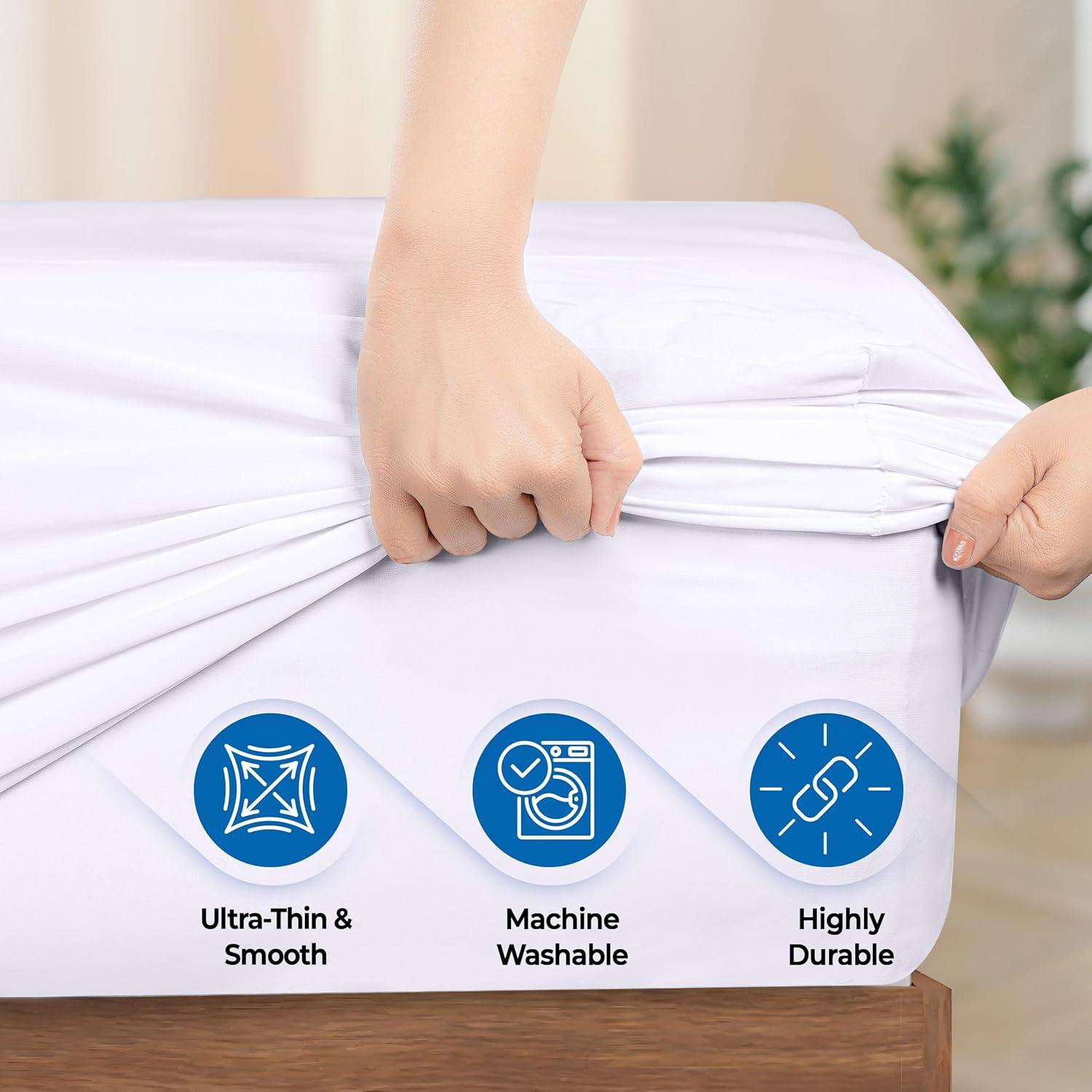 PEKUR Waterproof Mattress Protector – Fitted Sheet Style, Deep Pocket Cover Fits Up to 15 Inches, Washable & Breathable Mattress Topper
