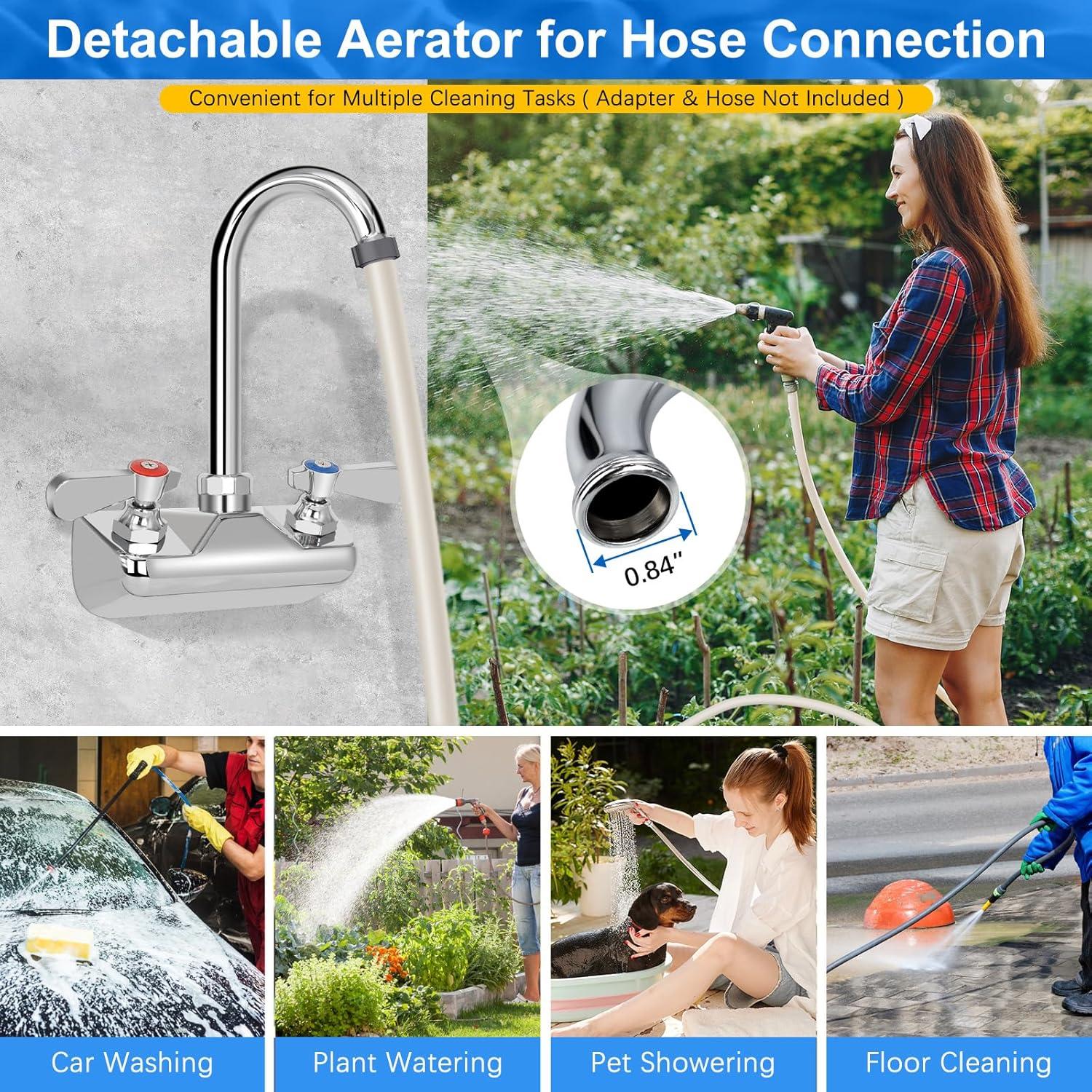 KWODE 4 Inch Center Commercial Hand Sink Faucet with 3-1/2”Gooseneck Spout, Dual Lever Handle Wall Mount Kitchen Sink Faucet, Brass Constructed, Chrome