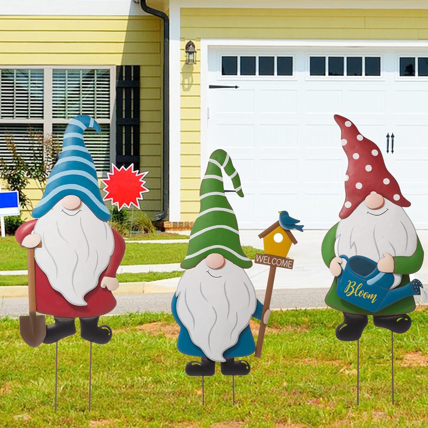 Set of 3 Colorful Metal Gnome Yard Stakes