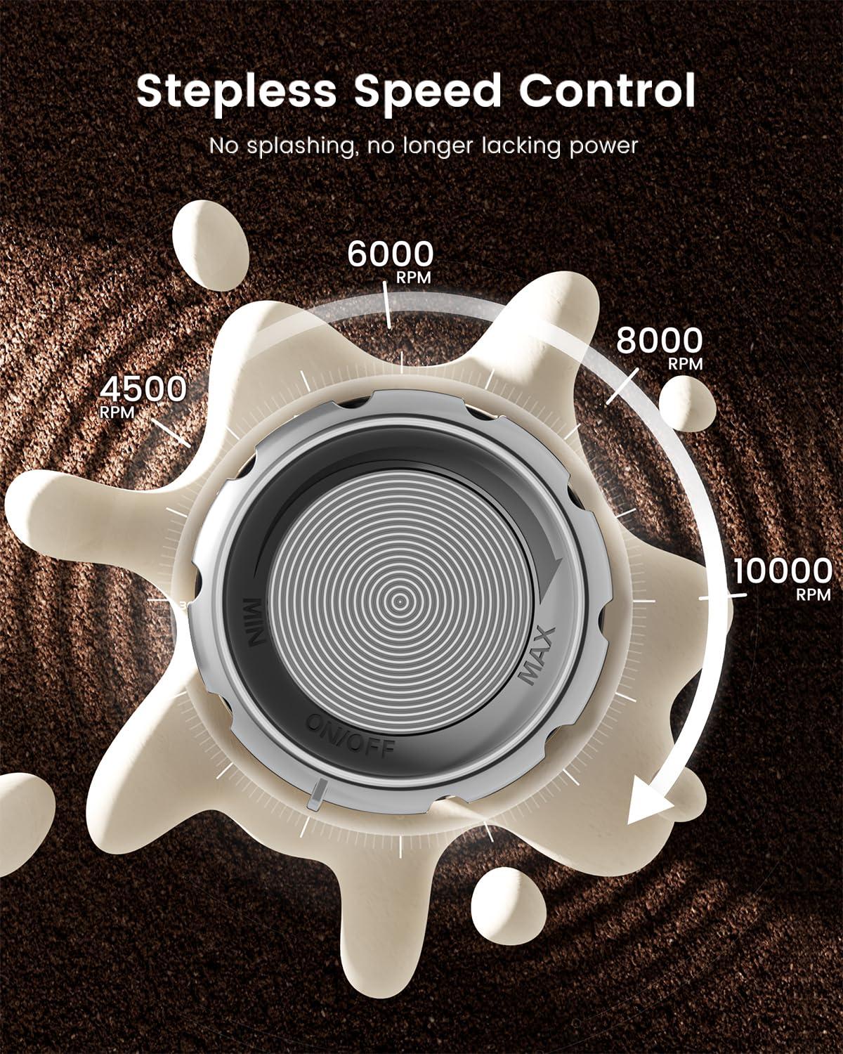 MODERN WALLS LLC Rechargeable Milk Frother With Stepless Speed Control, Handheld Electric Foam Maker Waterproof Drink Mixer Foamer With Stainless Steel Stand & Detachable Whisks For Lattes, Cappuccino