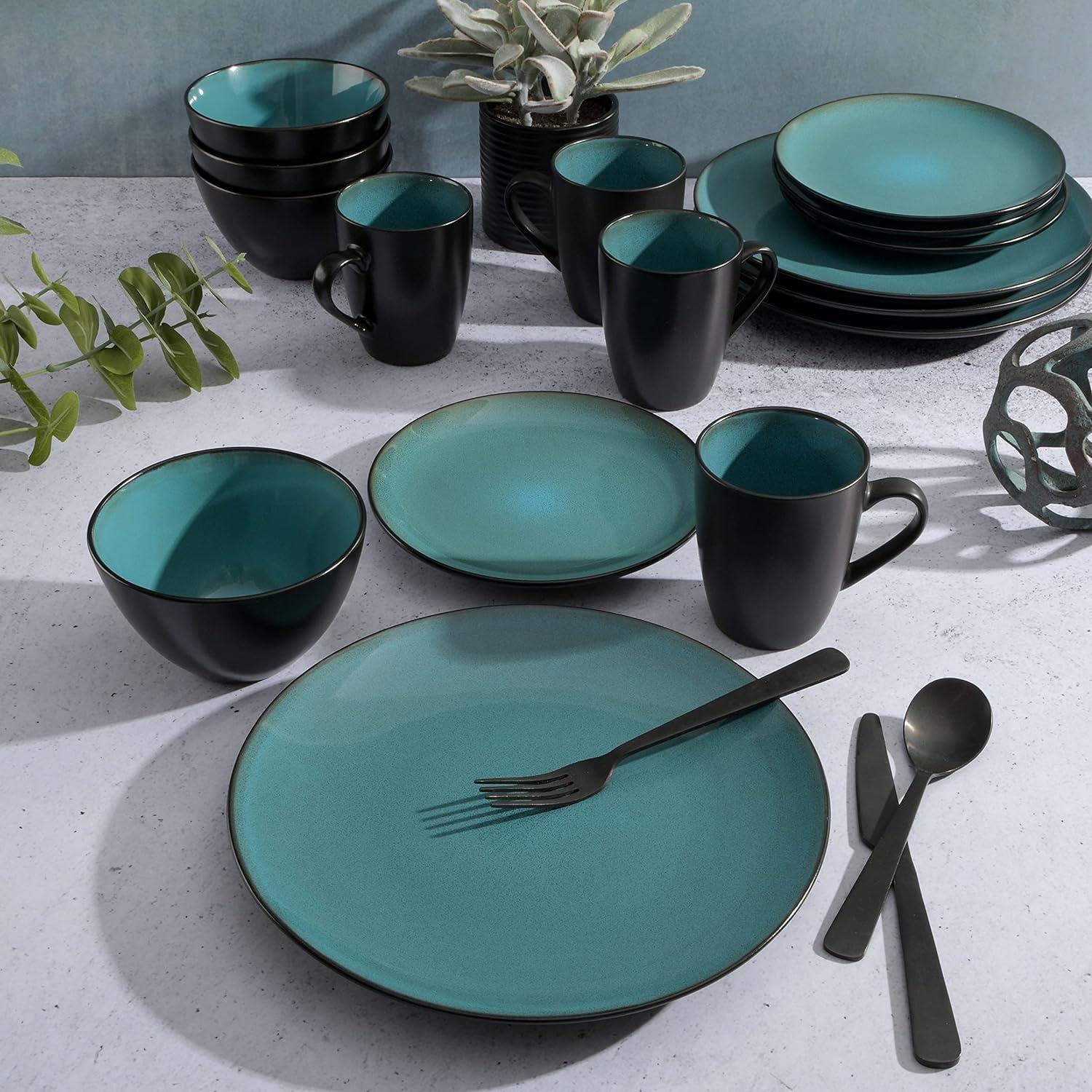 Teal Porcelain Square Dinnerware Set, Service for 4